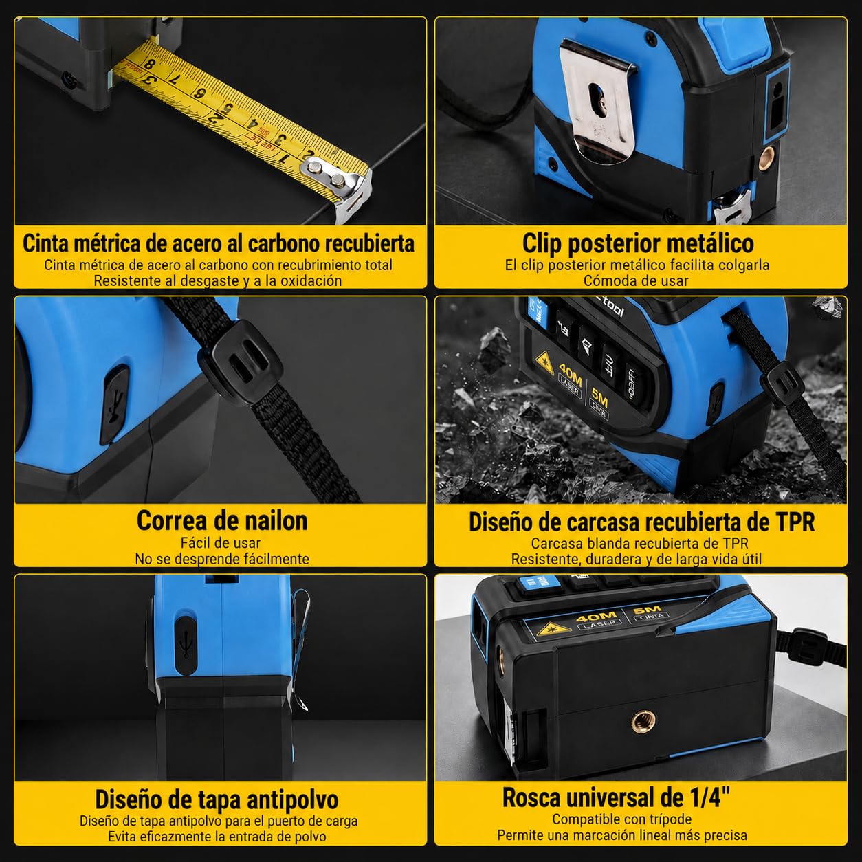Cinta Métrica Laser 4 en 1, Medidor Laser Distancia 40m y Cinta Metrica 5m, Línea Cruzada de 16m y Trípode, Metro Digital para Bricolaje y Decoración del Hogar