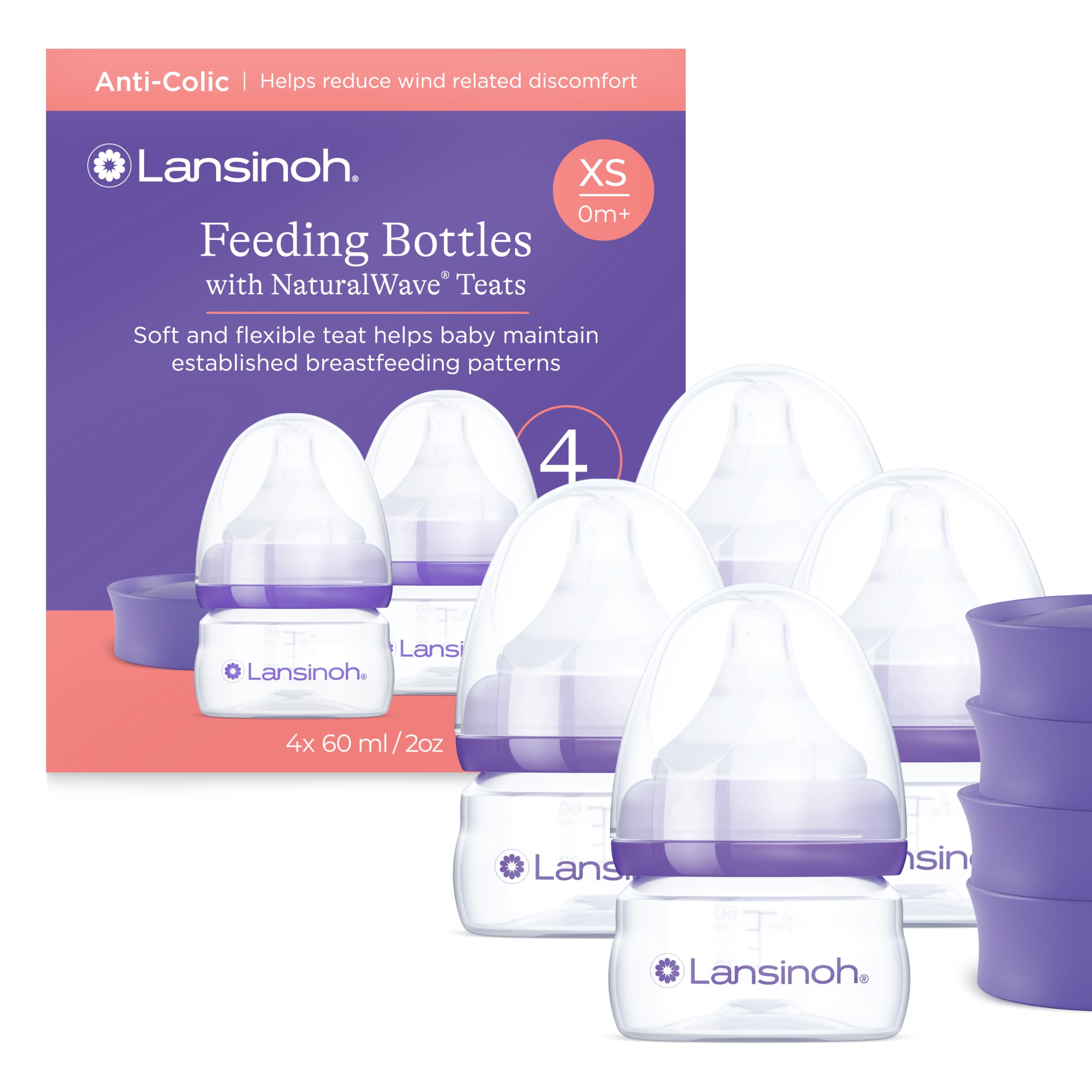 Lansinoh Anti Colic Baby Bottles 60 ml - 4 Pack - Extra Slow Flow Teats