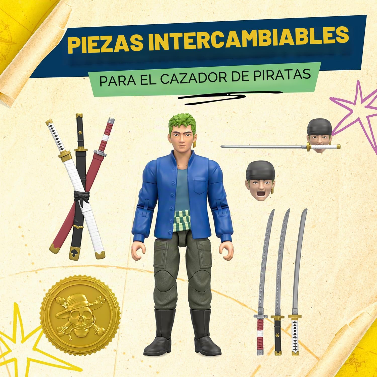 One Piece Figura de acción de Zoro 15,24 cm con 5 Accesorios; Incluye Espadas Intercambiables, una Funda para Espadas, un Rostro Intercambiable y una Base de exposición con Forma de Berry