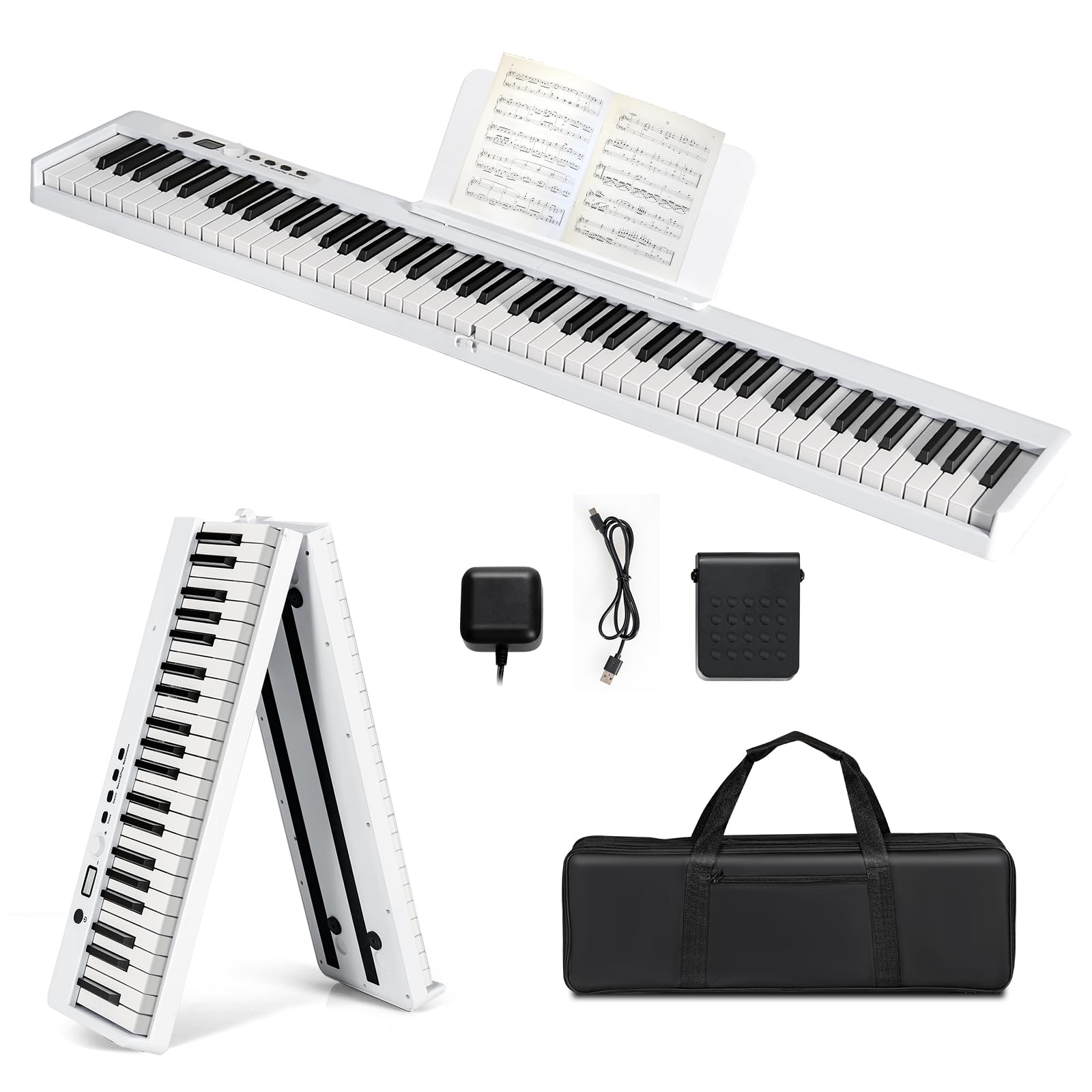 Clavier Électronique Pliable DREAMADE 88 Touches - Piano Numérique Portable Avec Sac, Écran LCD Et LED (Blanc)
