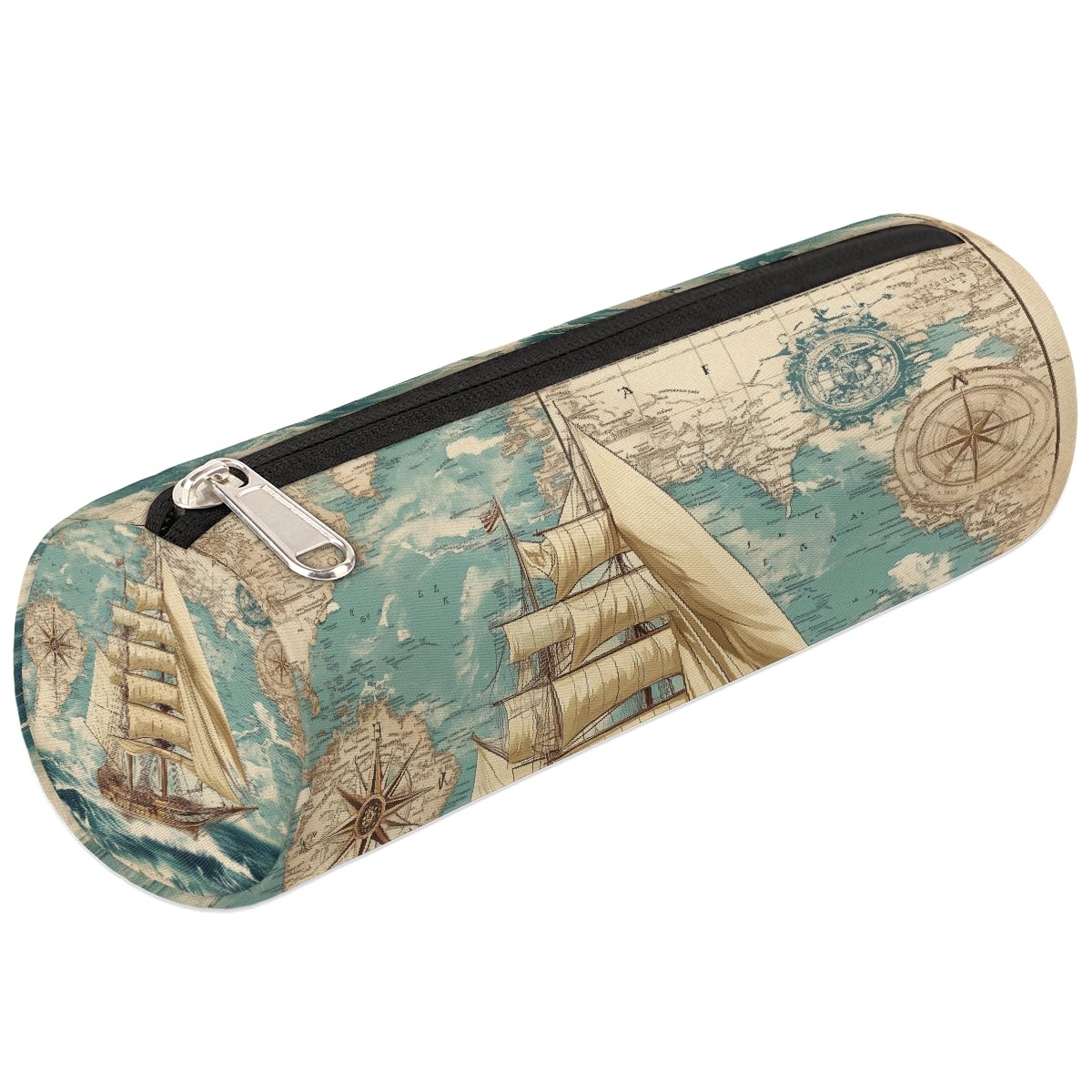 VQUVQV Small Pencil Case, Portable Pencil Bag Pen Pouch for Boys Girls Teens, School Stationary Organiser Supplies Makeup Brush Bag, Nautical Map with Clipper Ship Compass