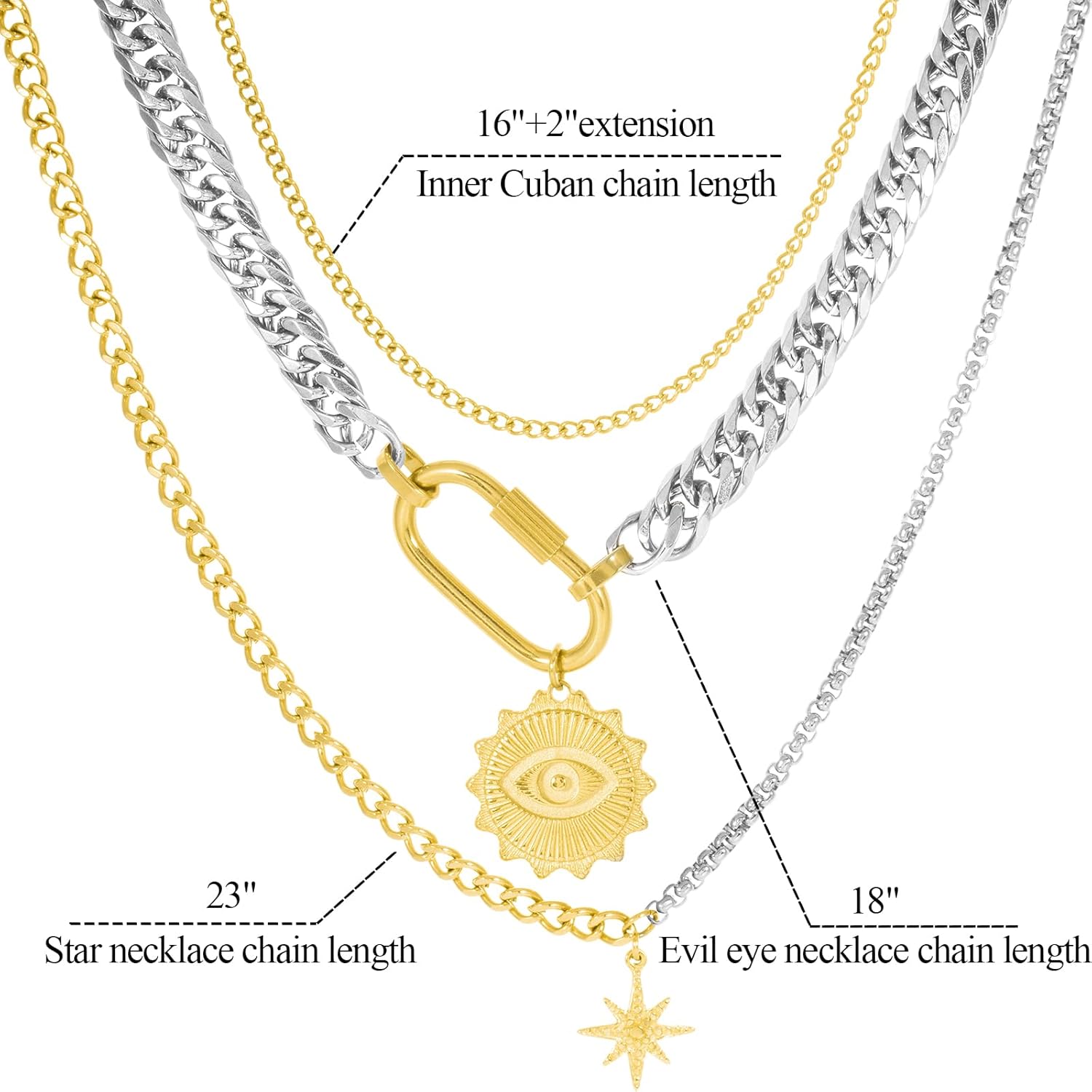 Layered Necklaces for Women,Two Tones Necklace Stainless Steel Compass Coin Pendant Paperclip Cuban Chain Chunky Choker Trendy Statement Jewelry Gift