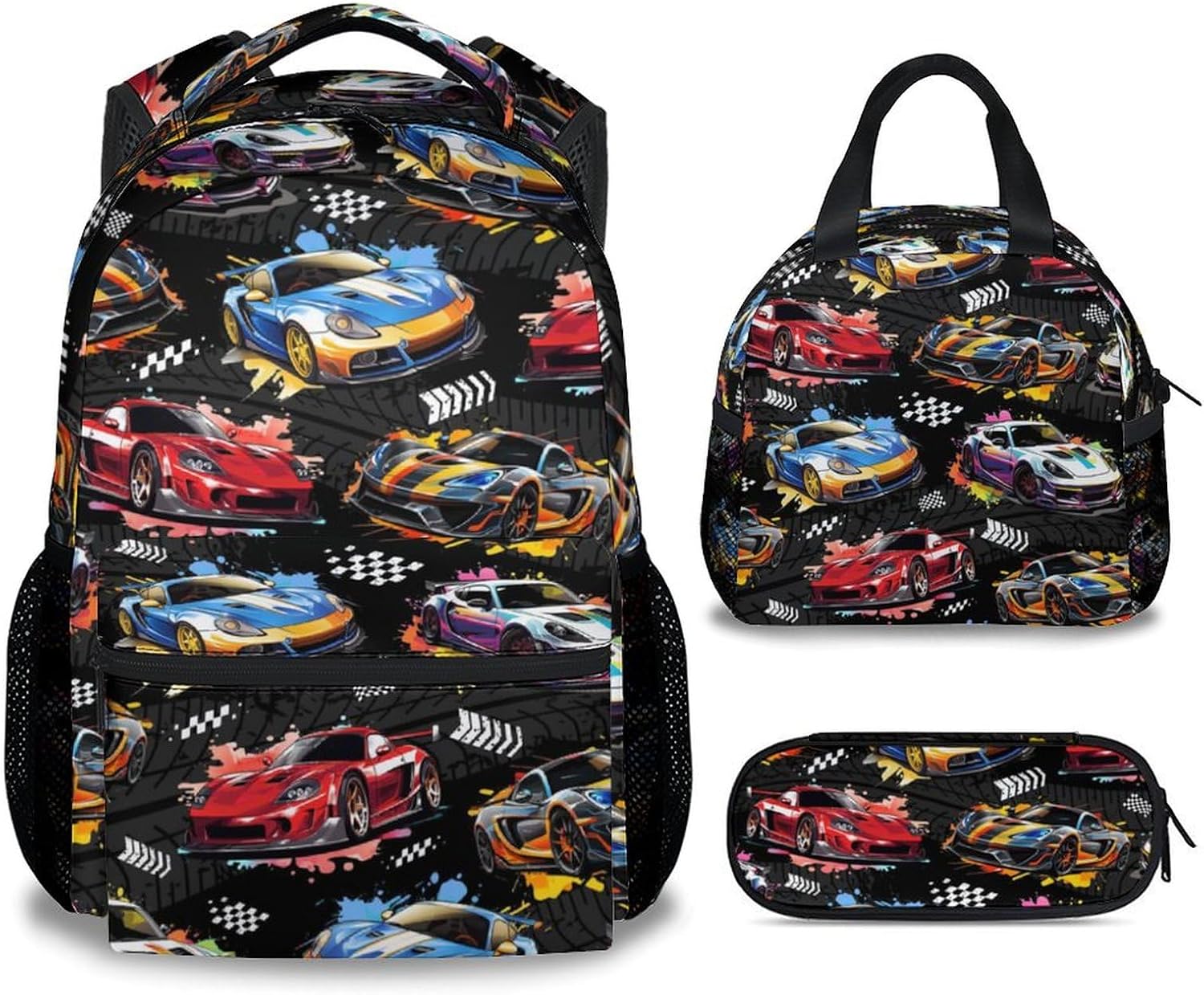 Boys Backpack Set - Racing Car Backpacks for Kids - 3Pcs Toddler Bookbag with Lunch Box & Pencil Case - Lightweight School Bag for Kindergarten/Preschool/Elementary (17 Inch)