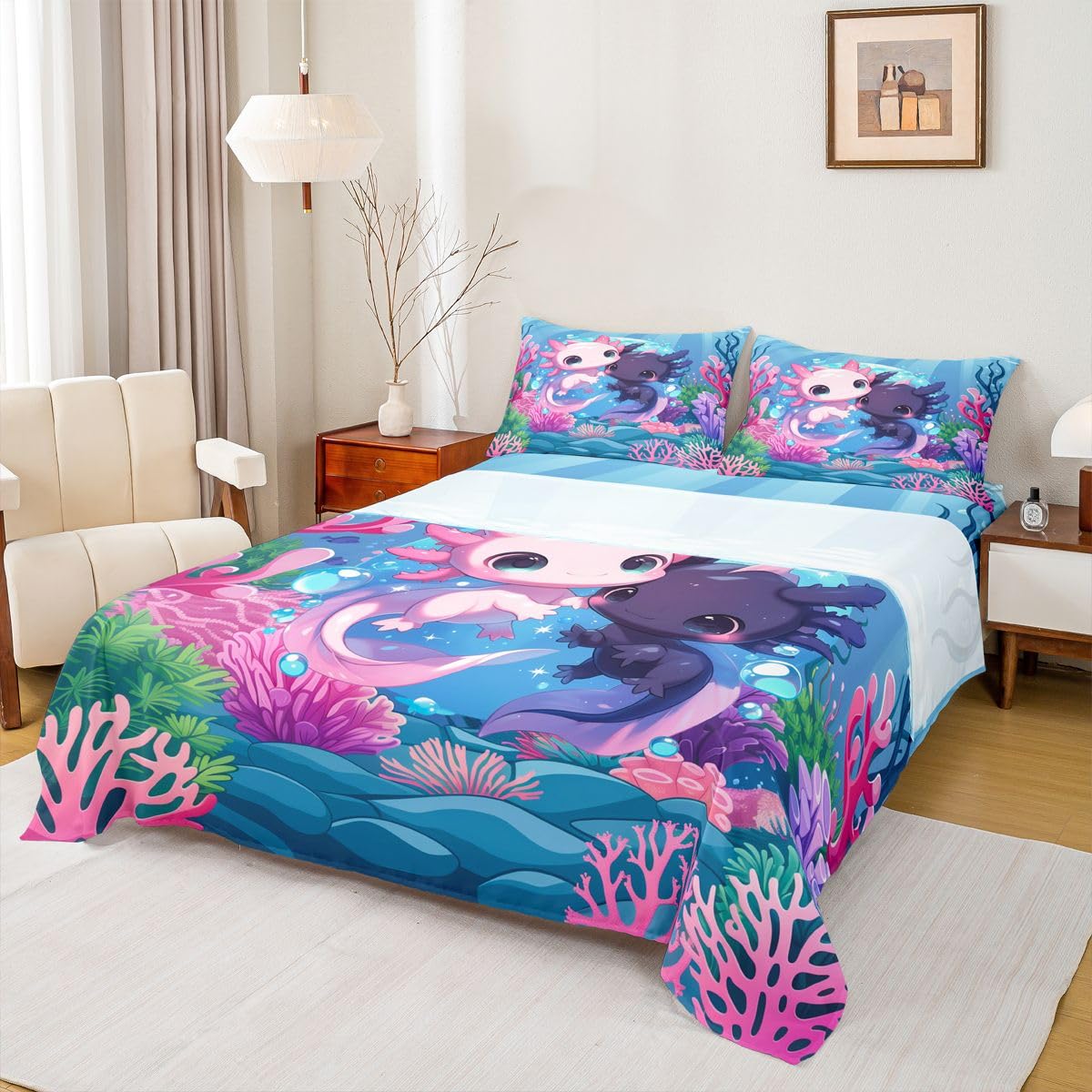 Loussiesd Lindo juego de sábanas de ajolote tamaño doble para niños y niñas, juego de ropa de cama de dibujos animados de salamandra, juego de sábanas de animales oceánicos con bolsillos profundos de