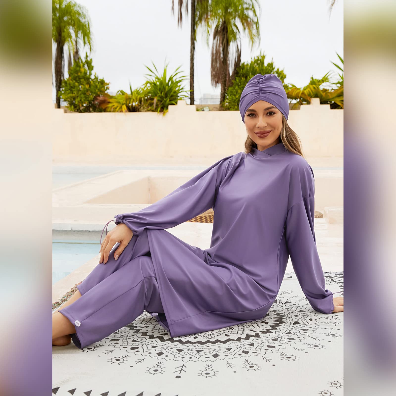 Odizli Burkini - Costume da bagno da donna musulmana a maniche lunghe + costume da bagno + cuffia da bagno, 3 pezzi