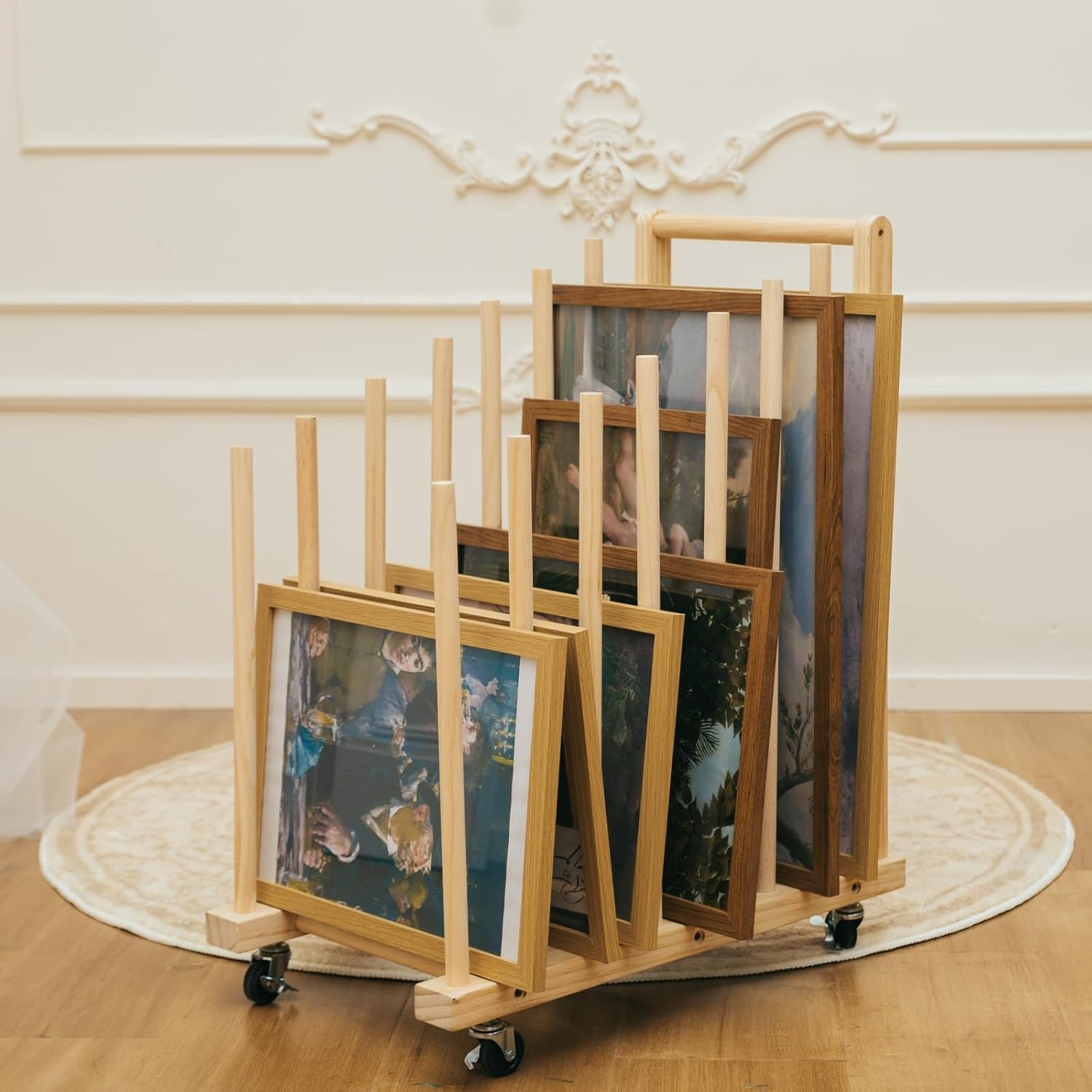 GENMOUS Art Storage Rack with Caster Wheels, Art Drying Rack Wood Storage Stand for Canvas Storage Paint Drying Rack,Drawing Board Stands for Printed Matter,Crafts Drying,Art Studio,Classrooms Easel