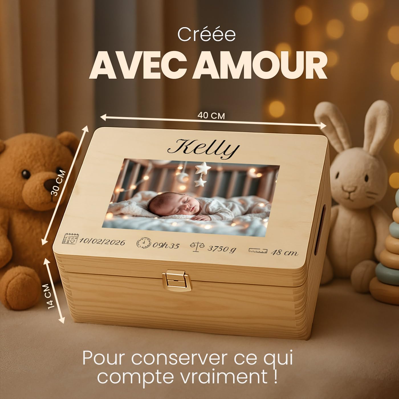Maverton Boite Souvenir Bebe Personnalisable - Cadeau Naissance Personnalisé - L/XL Boite de Rangement avec Couvercle en Bois de Pin Naturel - Cadeau Noel - Cadeau Anniversaire Enfant Personnalisé