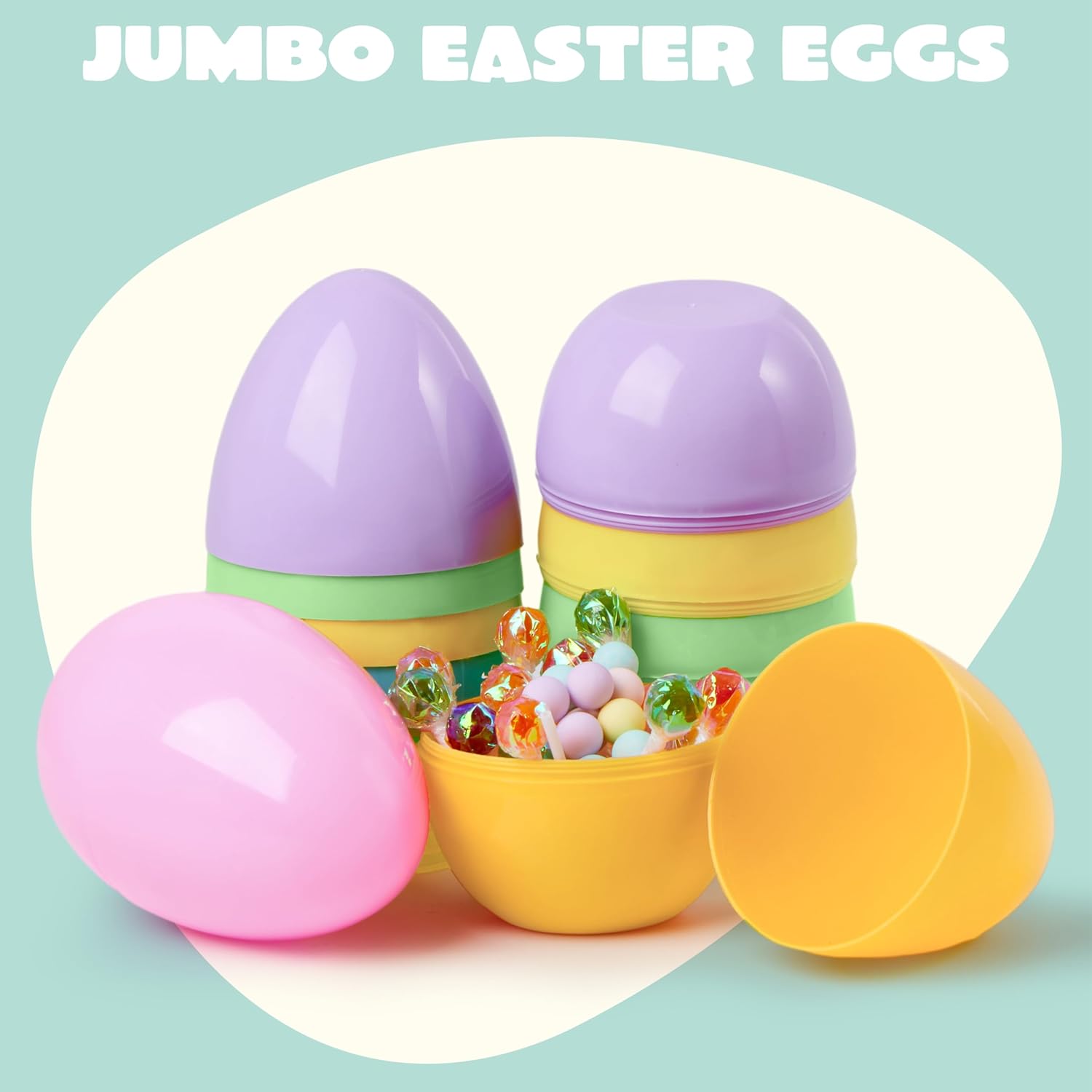 JOYIN 6 Pcs Large Pastel Easter Eggs, 6 Inches Jumbo Plastic Eggs Fillable for Easter Themed Hunt Colorful Basket Stuffers Fillers Filling Treats Party Favor Classroom Prize Supplies