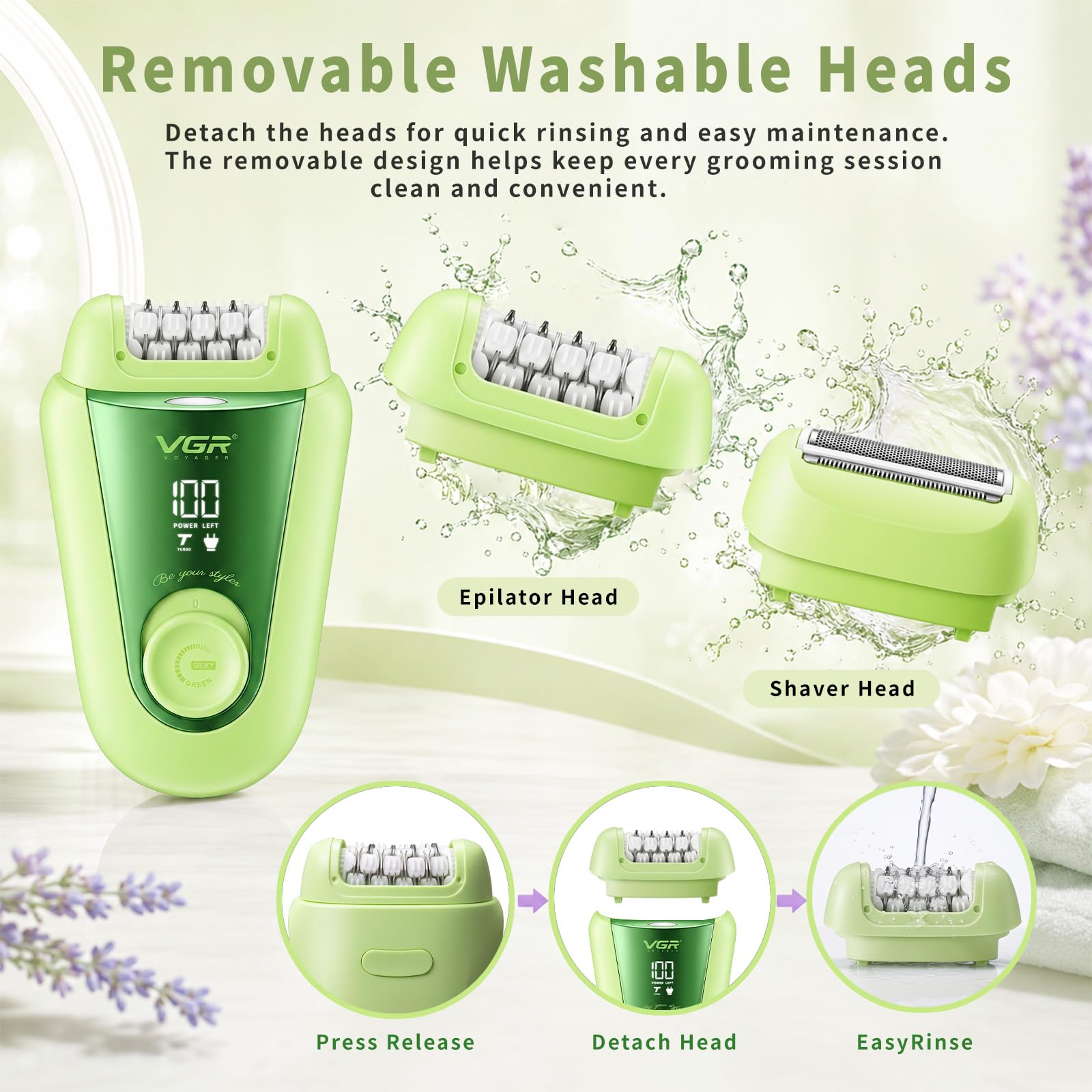 VGR 758 Epilatore elettrico 2 in 1 da donna, 32 pinzette, IPX7, Verde