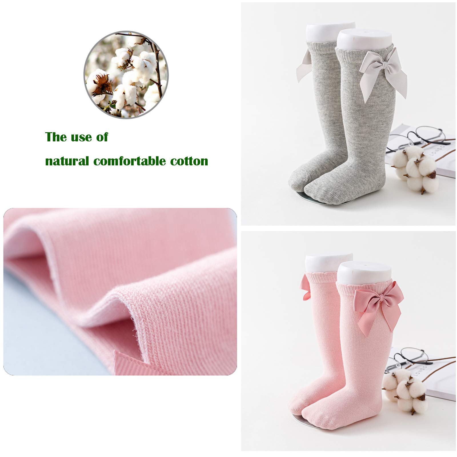 Baby Girls Knee High Socks Bow β Yeshore Tube Ruffled Knit Cotton Long Stockings for Infants and Toddlers 5 Pairs (White,Black,Grey,Wine Red,Pink, 2-4T) 2