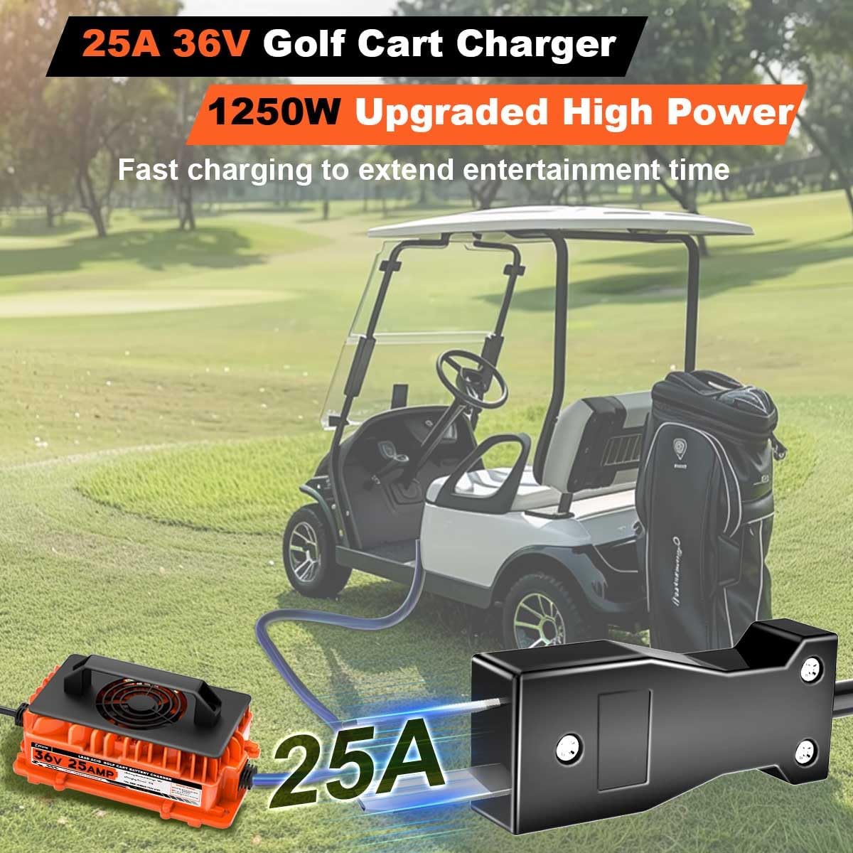25A 36 Volt Golf Cart Battery Charger 1250W for EZGO & Yamaha with Crowfoot Plug 36V 25 Amp Lead-Acid Battery Charger with Cooling Fan IP67 Waterproof