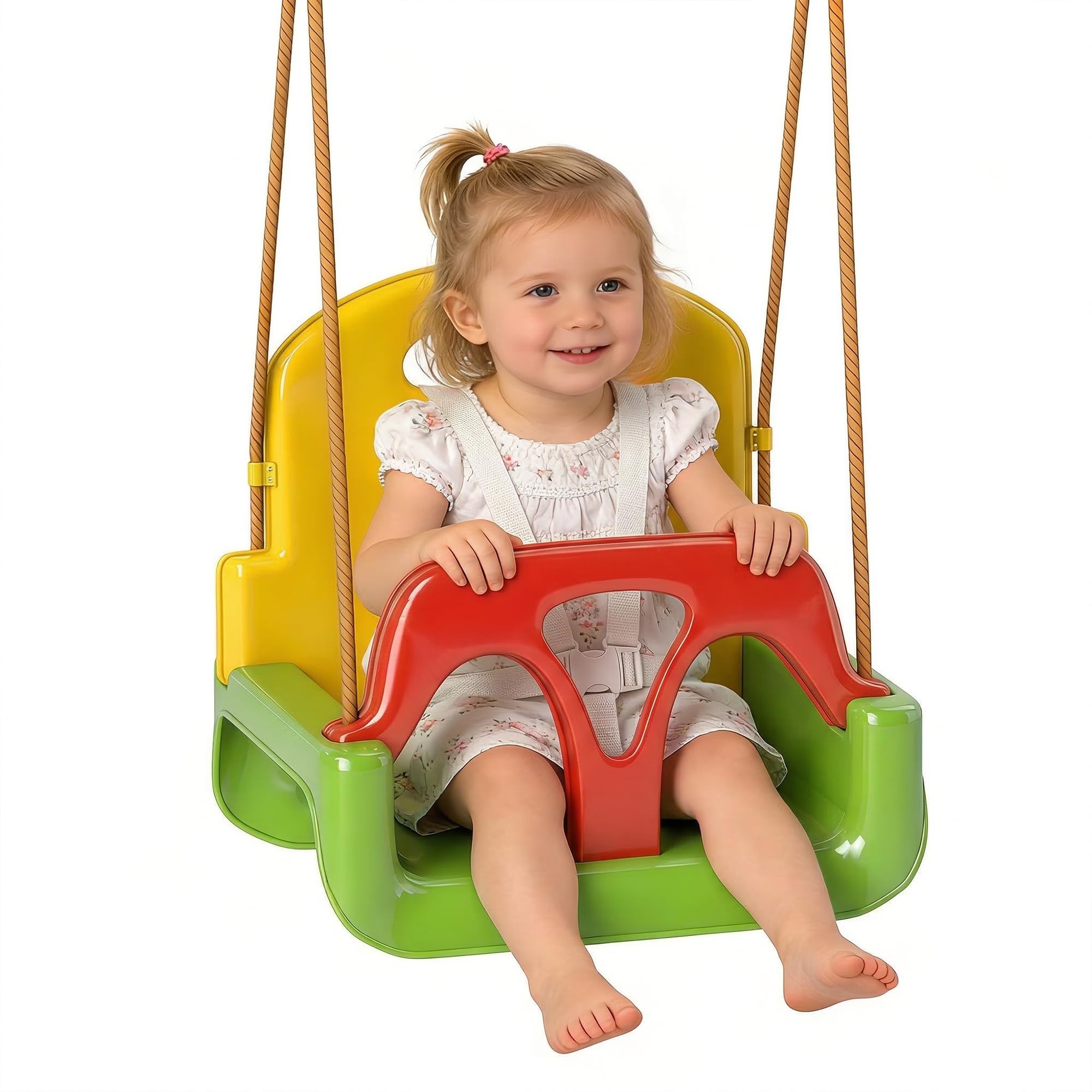 Outsunny Columpio Infantil 3 en 1, Columpio para Niños, Cuerda Ajustable, con Respaldo Desmontable, Barra en T, Cinturón de Seguridad, para Interior, Exterior, Solo Asiento, Verde
