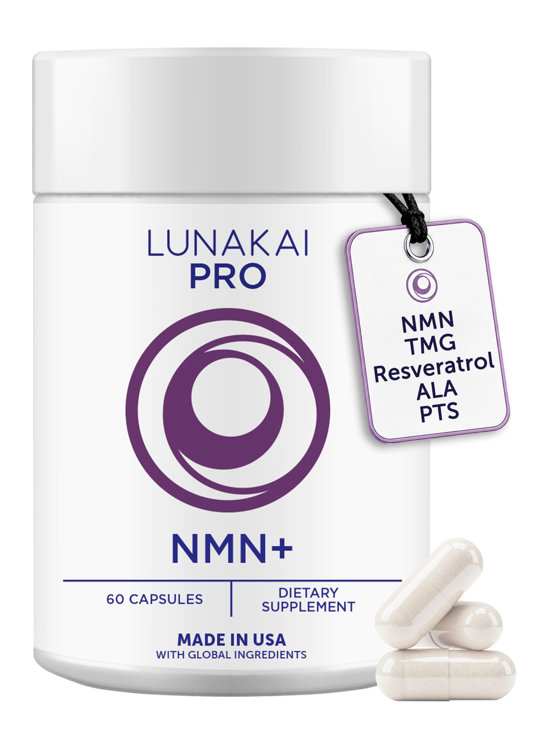 Lunakai USA Made 99% Pure NMN Supplement 500mg with Resveratrol & TMG, 60ct 60 Count (Pack of 1) NMN Capsules