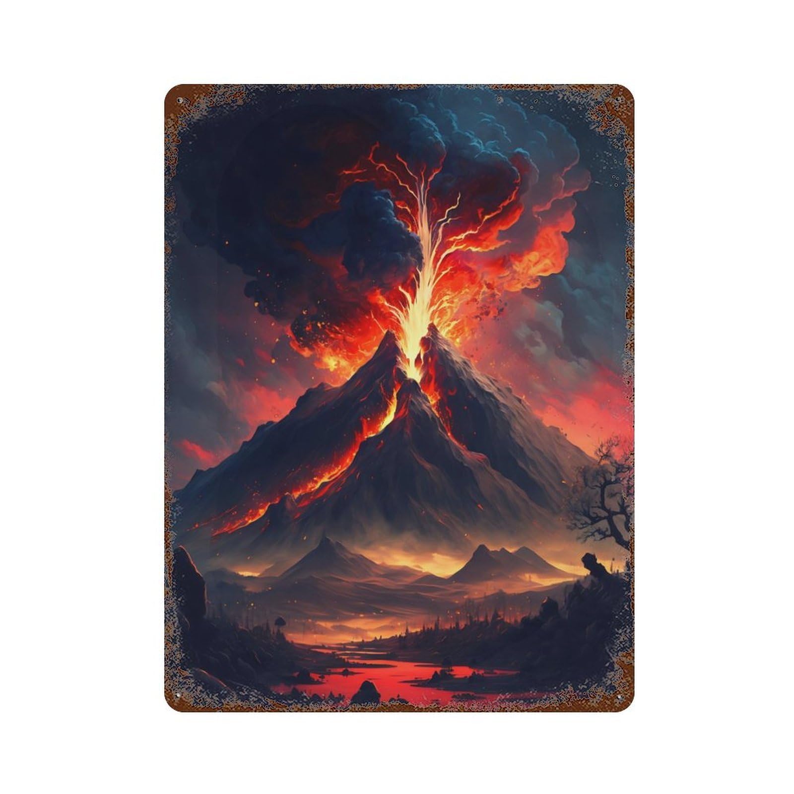 Erupting Volcano Rusty Metal Tin Sign 15.7"x11.8", Ideal for Farmhouse, Kitchen And Entryway Decor