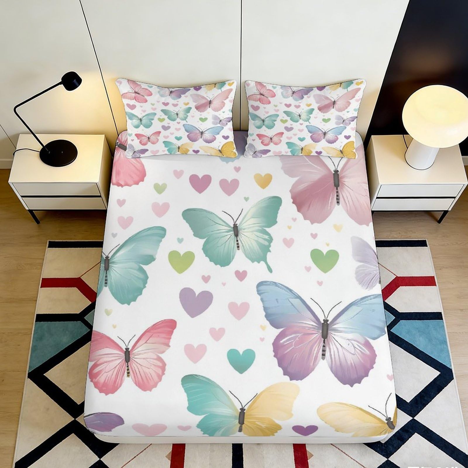 3D Printed Butterfly Heart Fitted Sheet Microfiber Deep Pocket Full Wrap Bedroom Bedding Butterfly Mattress Fitted Cover Washable for Adults Teens 200x200x25cm