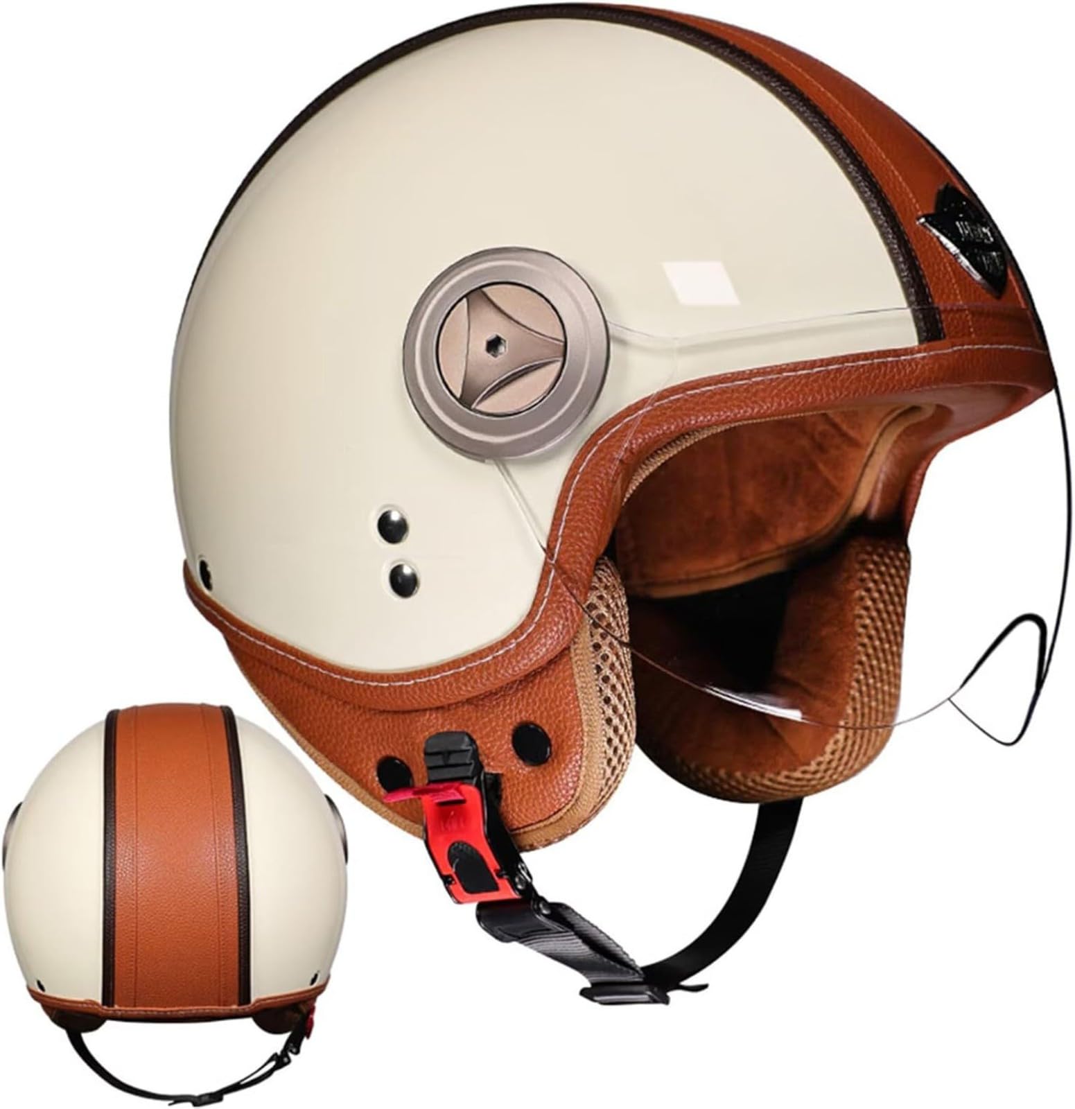 Zatwierdzony przez ECE kask motocyklowy retro, styl vintage kask do skutera 3/4, wykonany z prawdziwej skóry z wizjerem, dla mężczyzn i kobiet