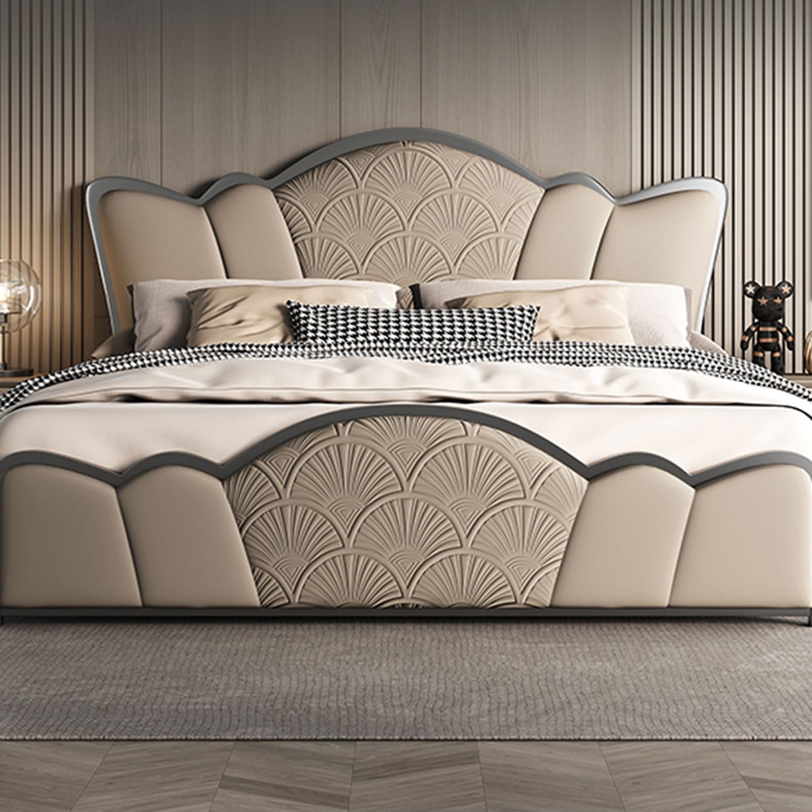 Modern King Size Queen Bed Frame with Heavy Duty Wooden Slat Support Genuine Leather Queen Size Storage Bed