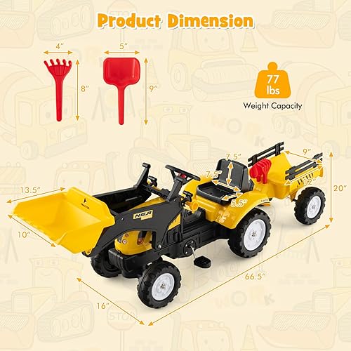 Miniatura 6 de Olakids Excavadora de paseo para niños, excavadora de pedales para automóvil con cubo de control manual, remolque de carga desmontable, pala,