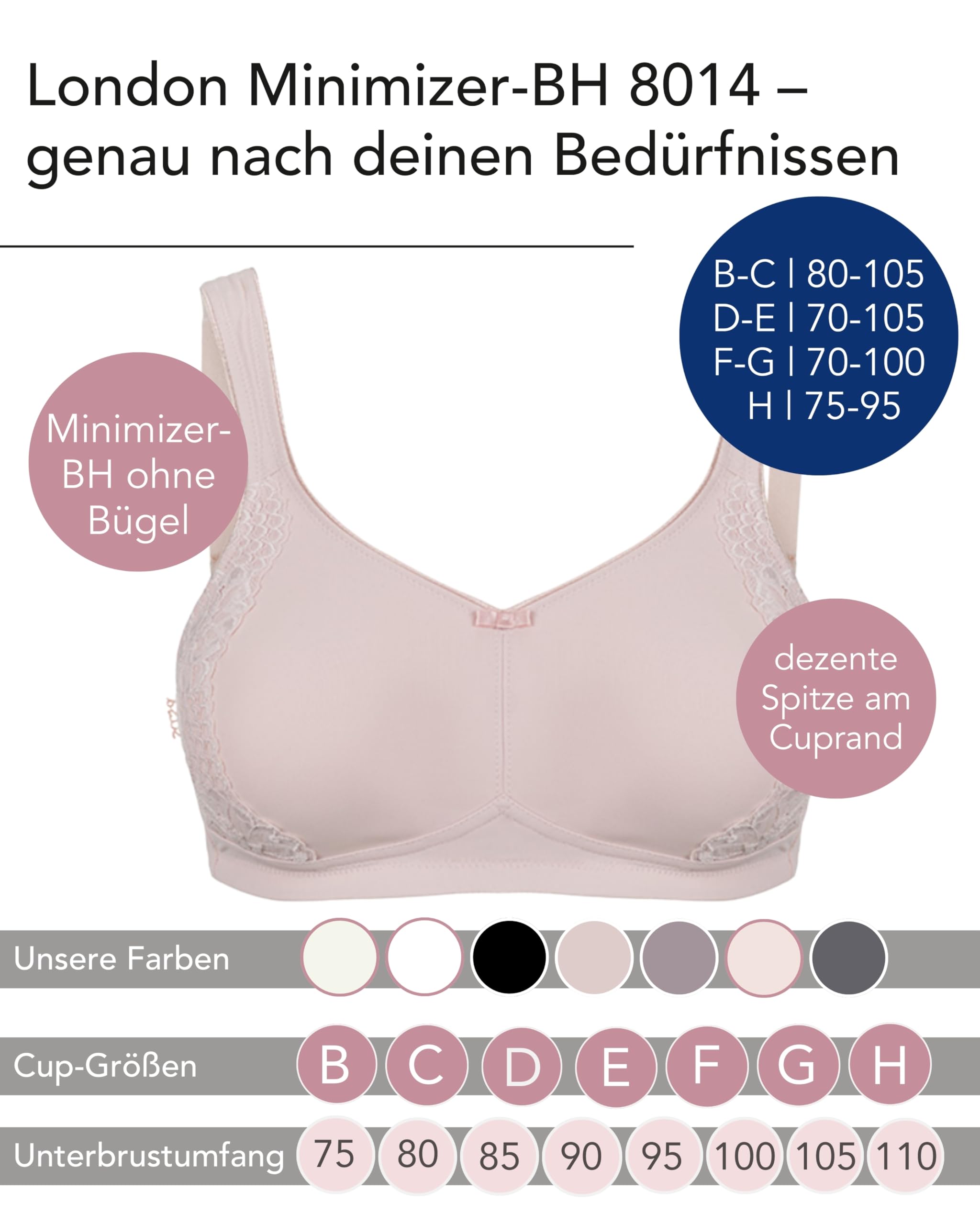 SUSA Minimizer BH Damen ohne Bügel I London I Damen-BHS mit Minimizer Schnittform, verkleinert die Brüste optisch I Gemoldete Cups, breite Träger