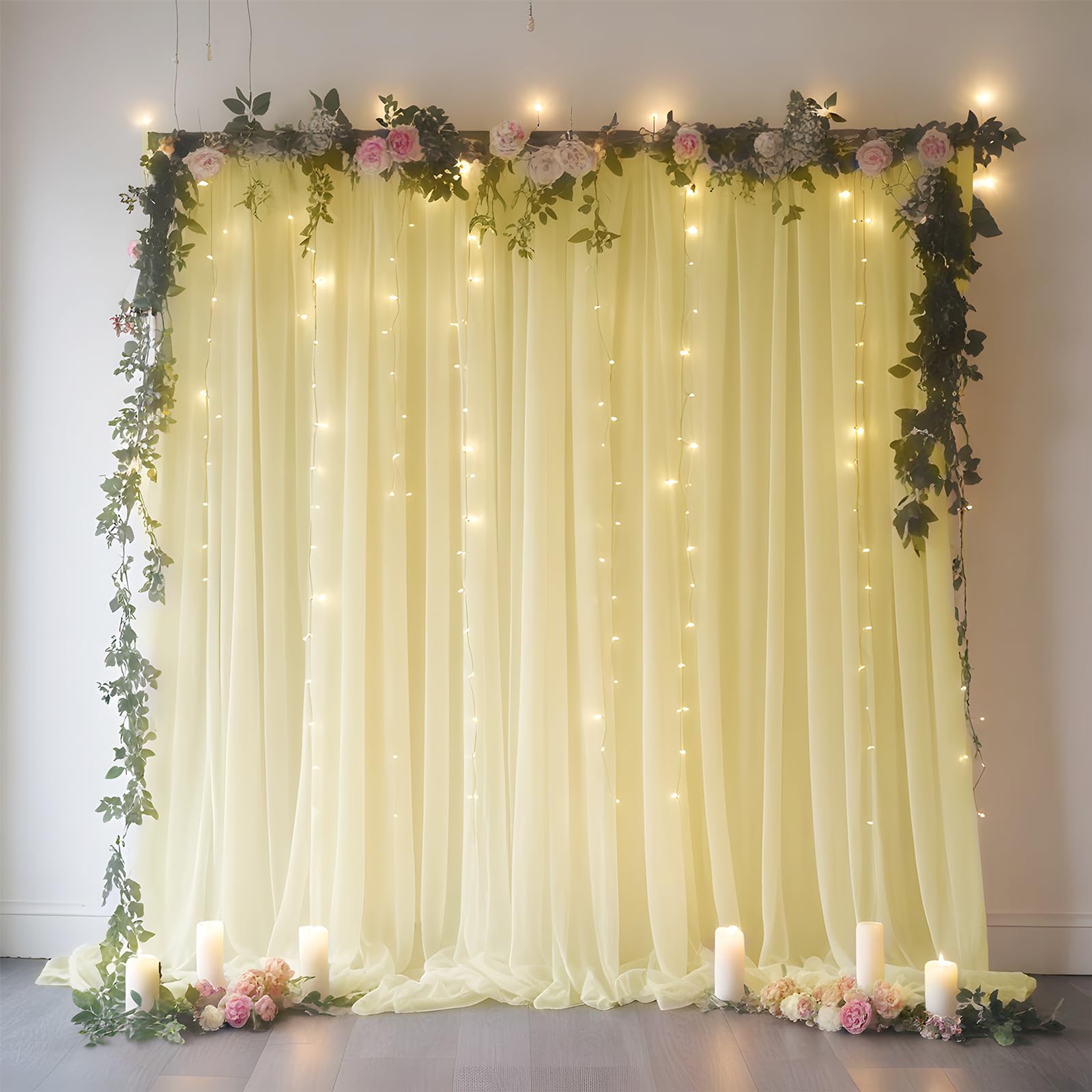 10 FT x 10 FT Champagne Backdrop Curtain - Tulle Backdrop Curtain with 9.8FT Lights String - Sheer Backdrop Curtains with 4 Inch Rod Pockets for