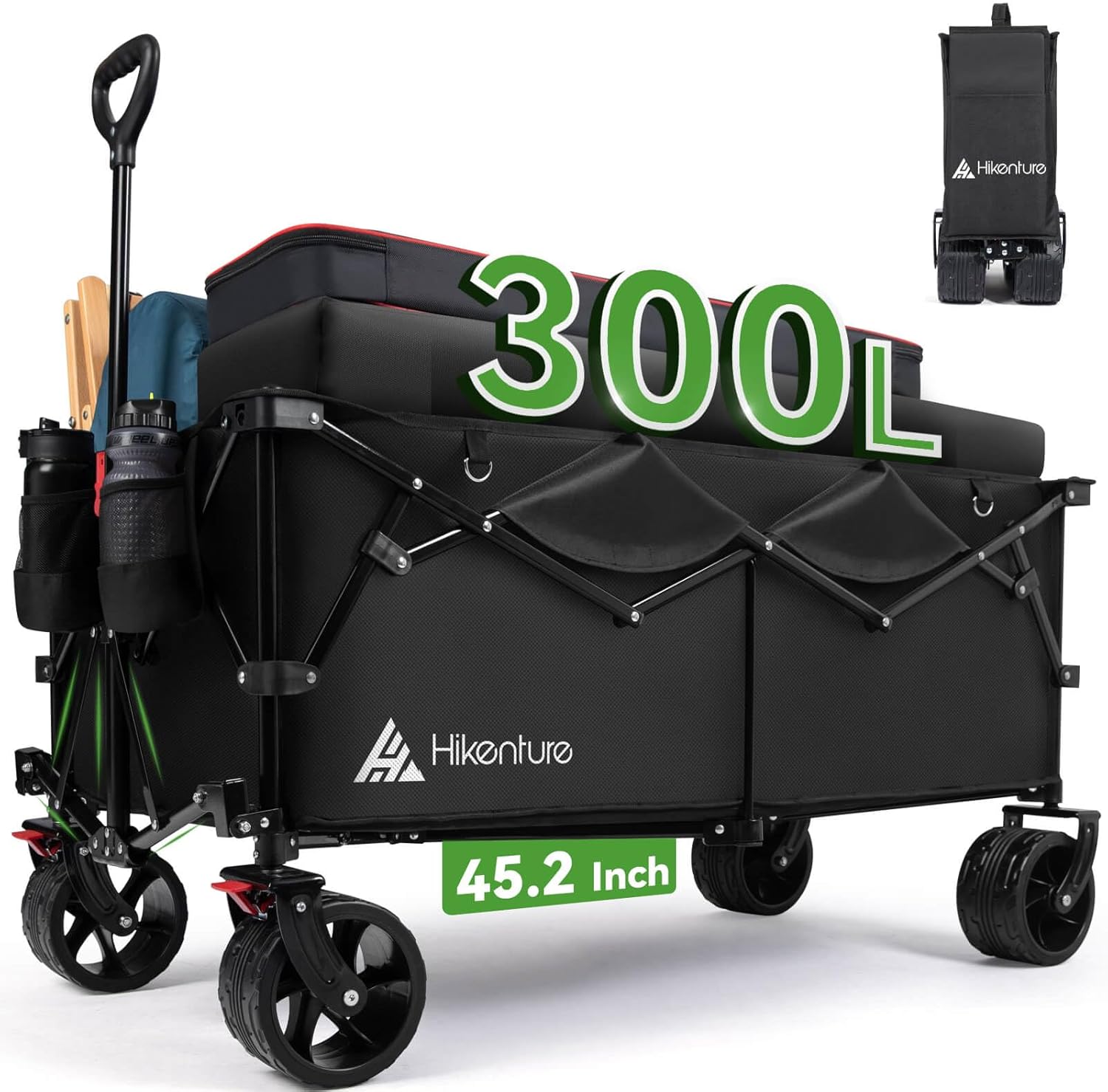 Hikenture Extended Collapsible Wagon, 500 LBS Heavy Duty Wagons Carts Foldable, Beach Wagon with Big Wheels for Sand, 300L Large Capacity Foldable Wagon, Utility Grocery Cart for Garden, Sports