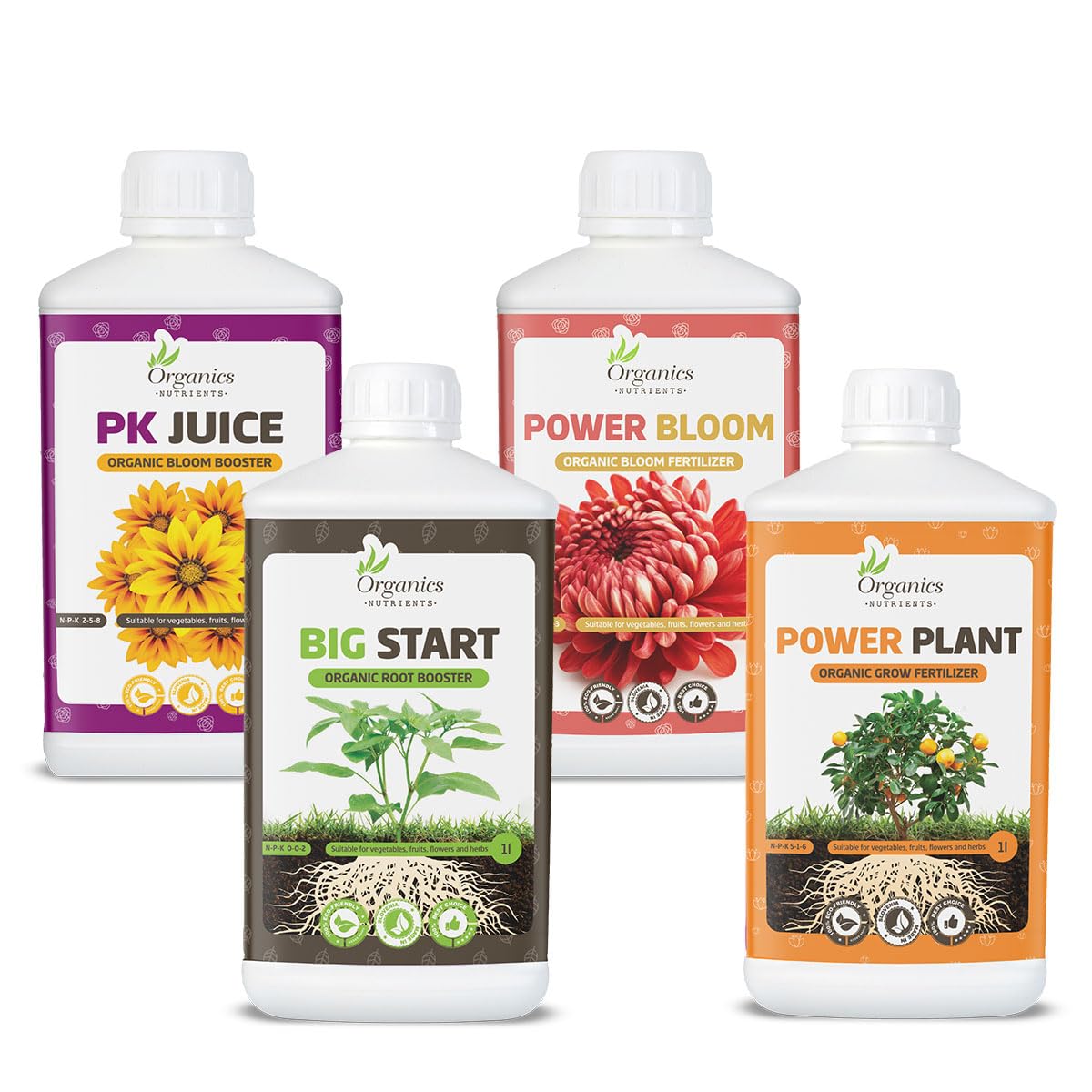 Organischer Flüssigdünger Set – Big Start, Power Plant, Power Bloom & PK Juice – Bio Flüssigdünger für Gemüse & Pflanzen (1 L)
