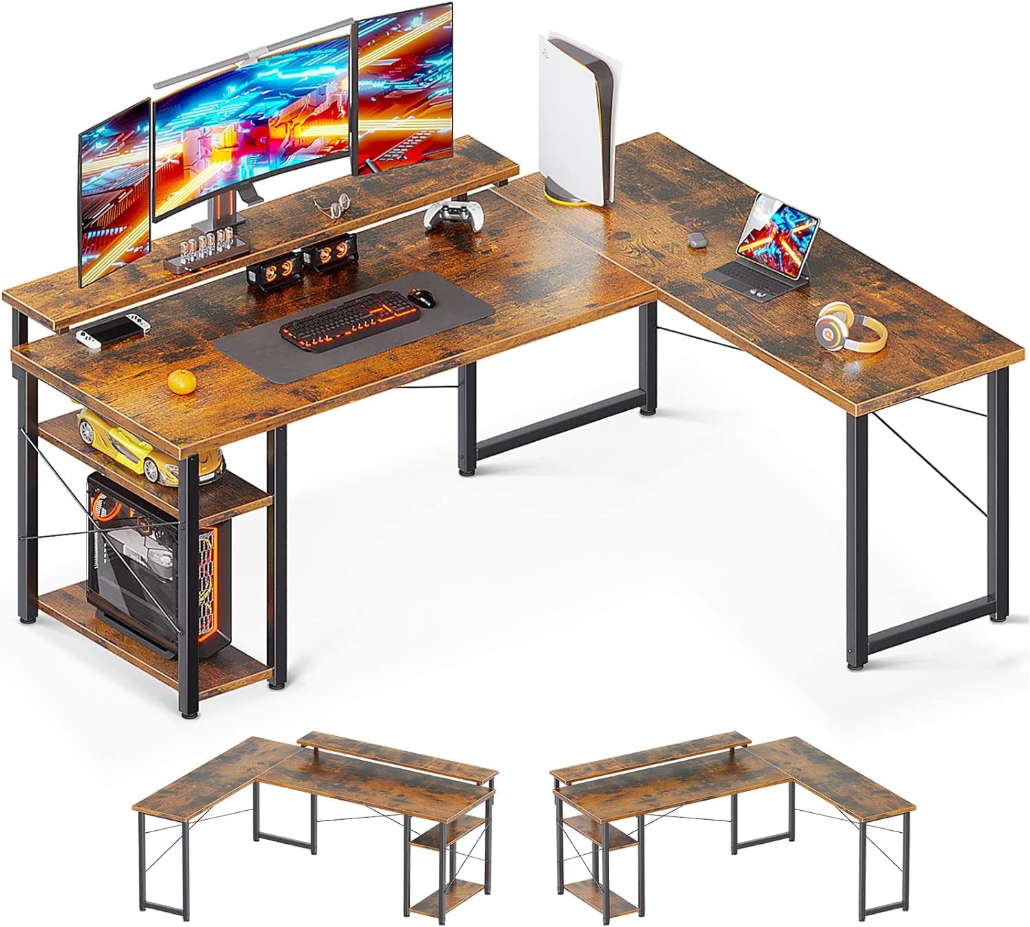 ODK L Shaped Gaming Desk, 61'' Corner Computer Desk with Monitor Stand & Storage Shelf, Sturdy Home Office Desk, Writing Desk Table, Work Desk, Vintage