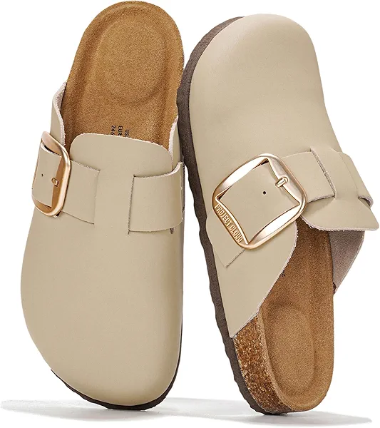 Project Cloud Genuine Leather Clogs for Women Shoes - Memory Foam Insole, Non-Slip & Natural Cork Footbed Arch Support Big Buckle Womens Clogs and Mules for Women Footwear (Manchester)