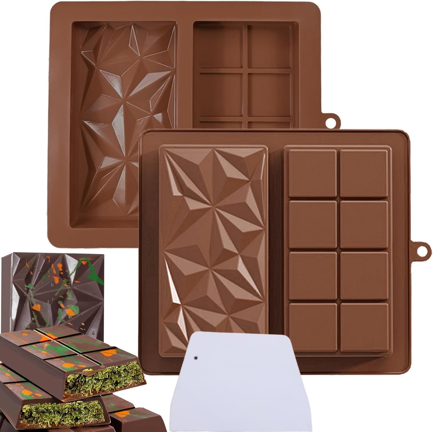 FEJYTOR 2Pack Dubai Chocolate Bar Mold Deep 1 Inch with Scraper, 2024 Knafeh Pistachio Chocolate Bar Silicone Thick Mold for Stuffed Bar, Large Candy Bar Mold for Filling (Dark Brown)