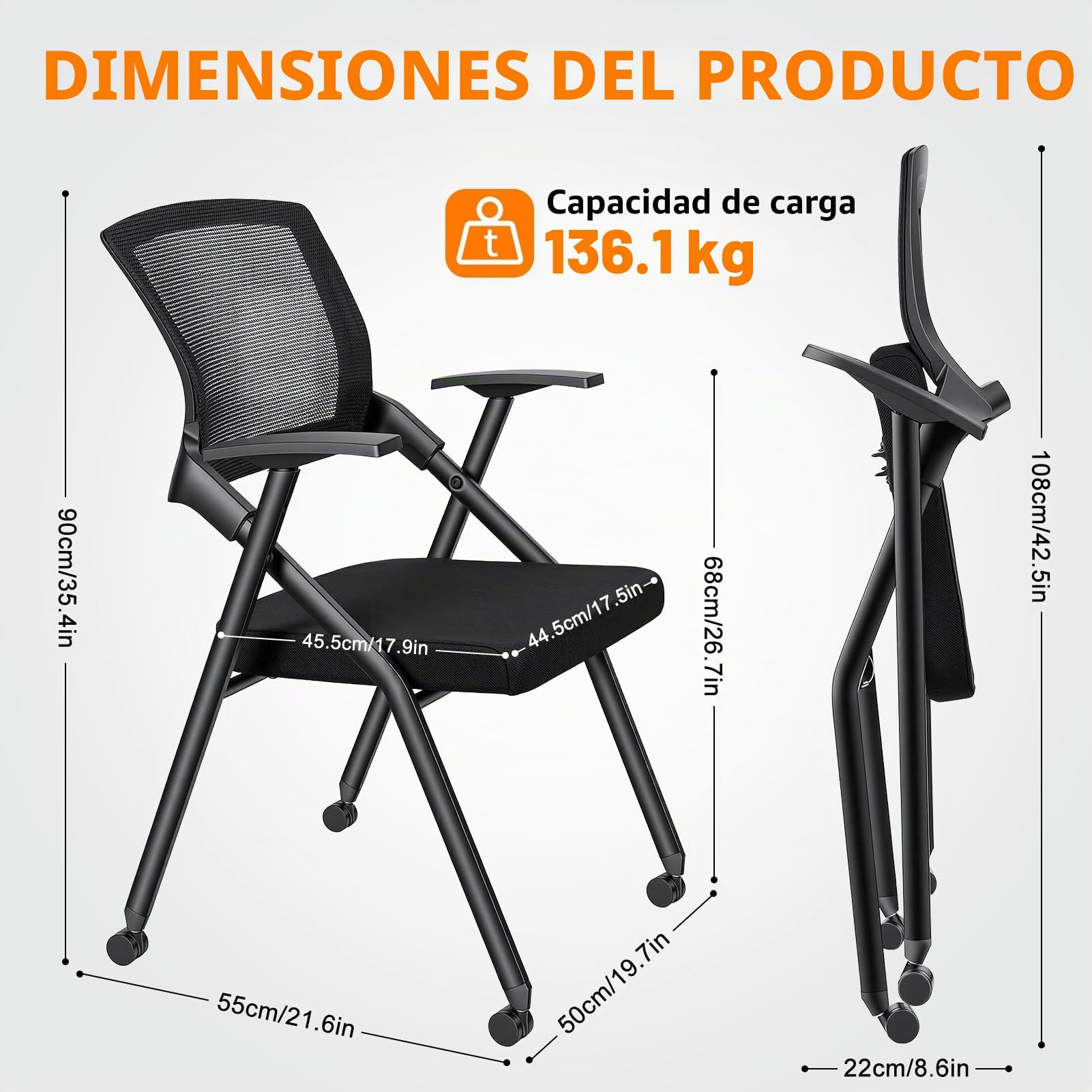 Silla de oficina plegable, respaldo ergonómico de malla con ruedas de PU y reposabrazos lisos, silla de invitados apilable para sala de conferencias, reuniones, recepción, color negro