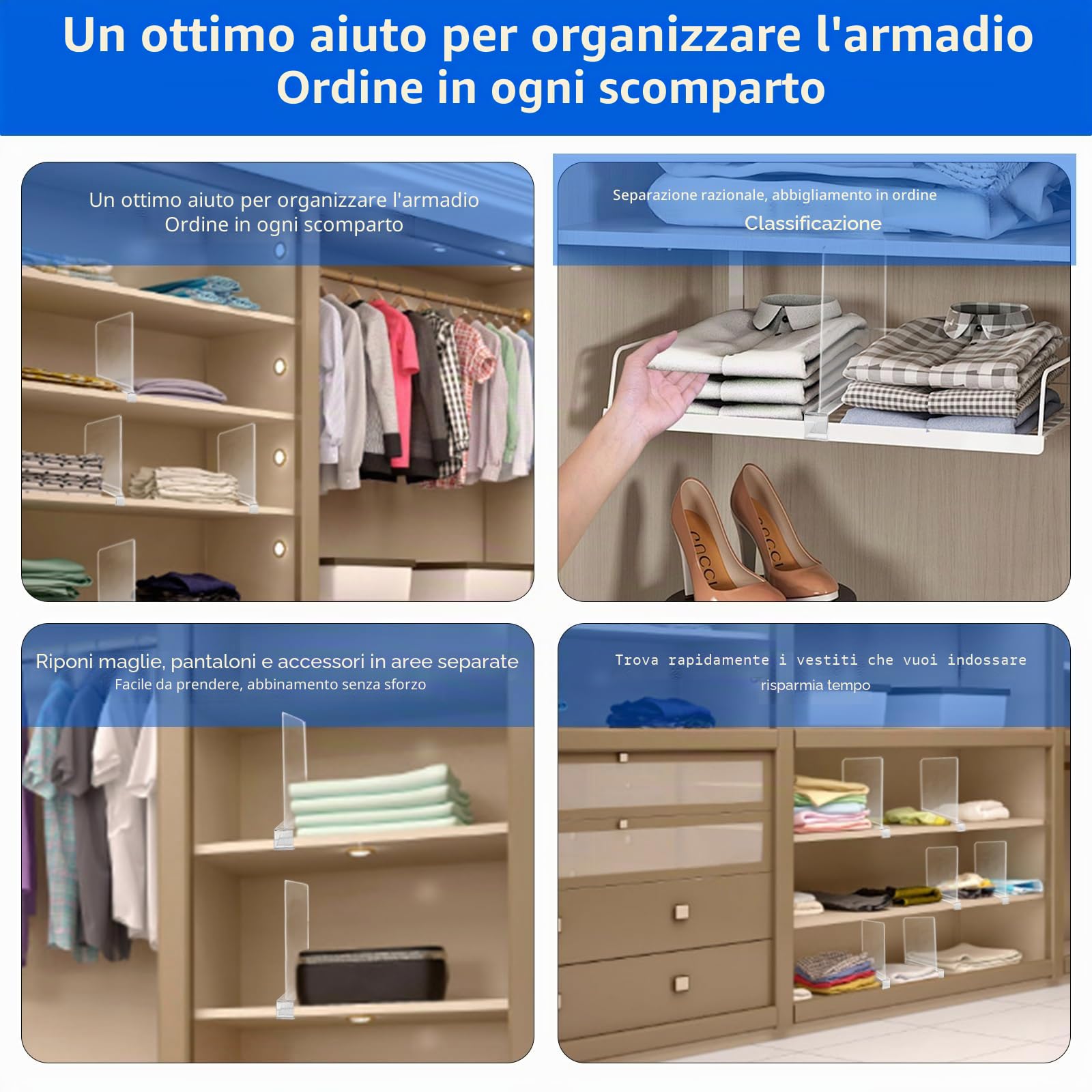 8 Pezzi Divisorio per Ripiani in Acrilico Trasparente - Divisori per Mensole, 30×20cm, Divisorio Multifunzionale, Adatto per Guardaroba, Mobile e Libreria per l'Organizzazione e lo Stoccaggio