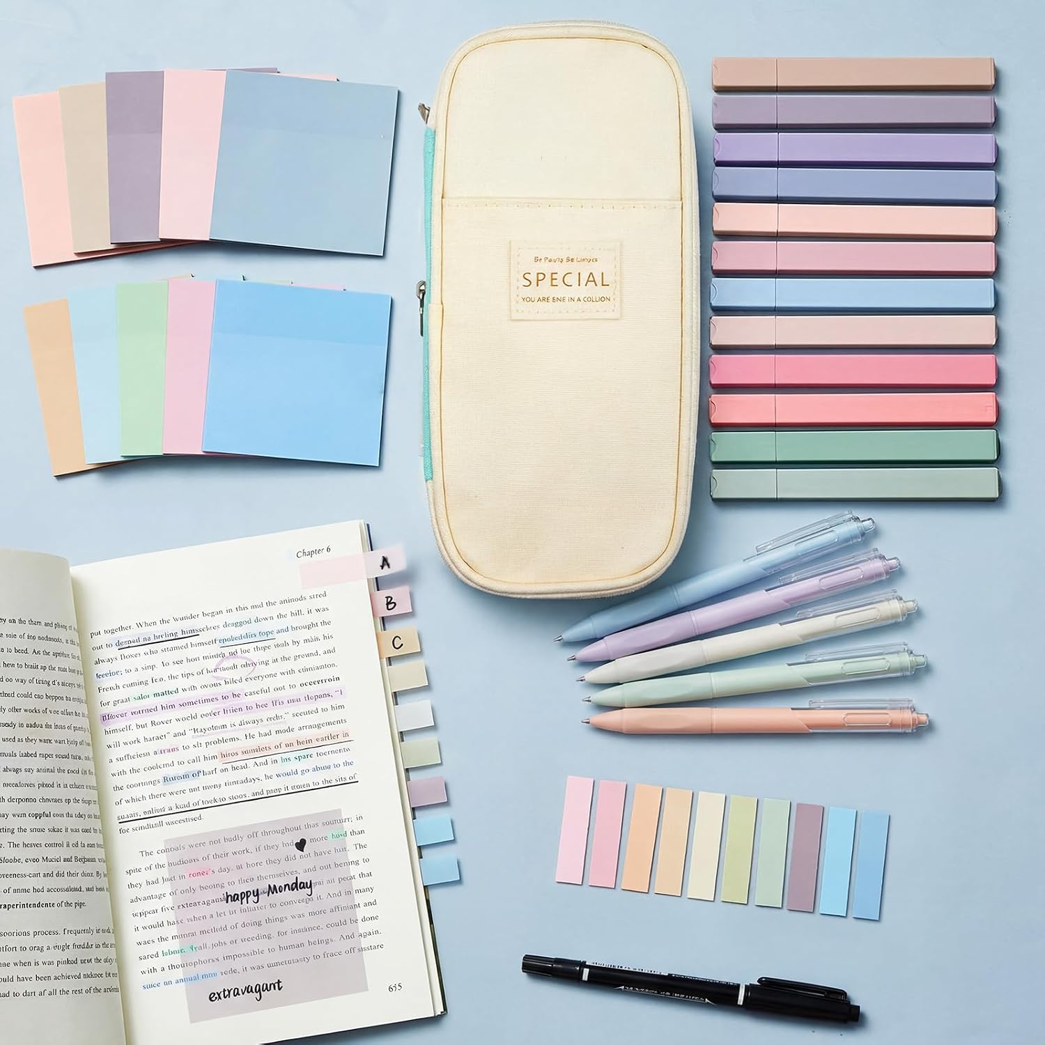 Jutom 39 Pcs Aesthetic Book Annotation Kit Highlighter with Case Bag Gel Pen Transparent Sticky Note Taking Bible Supplies(Mint Green,Cute Style)