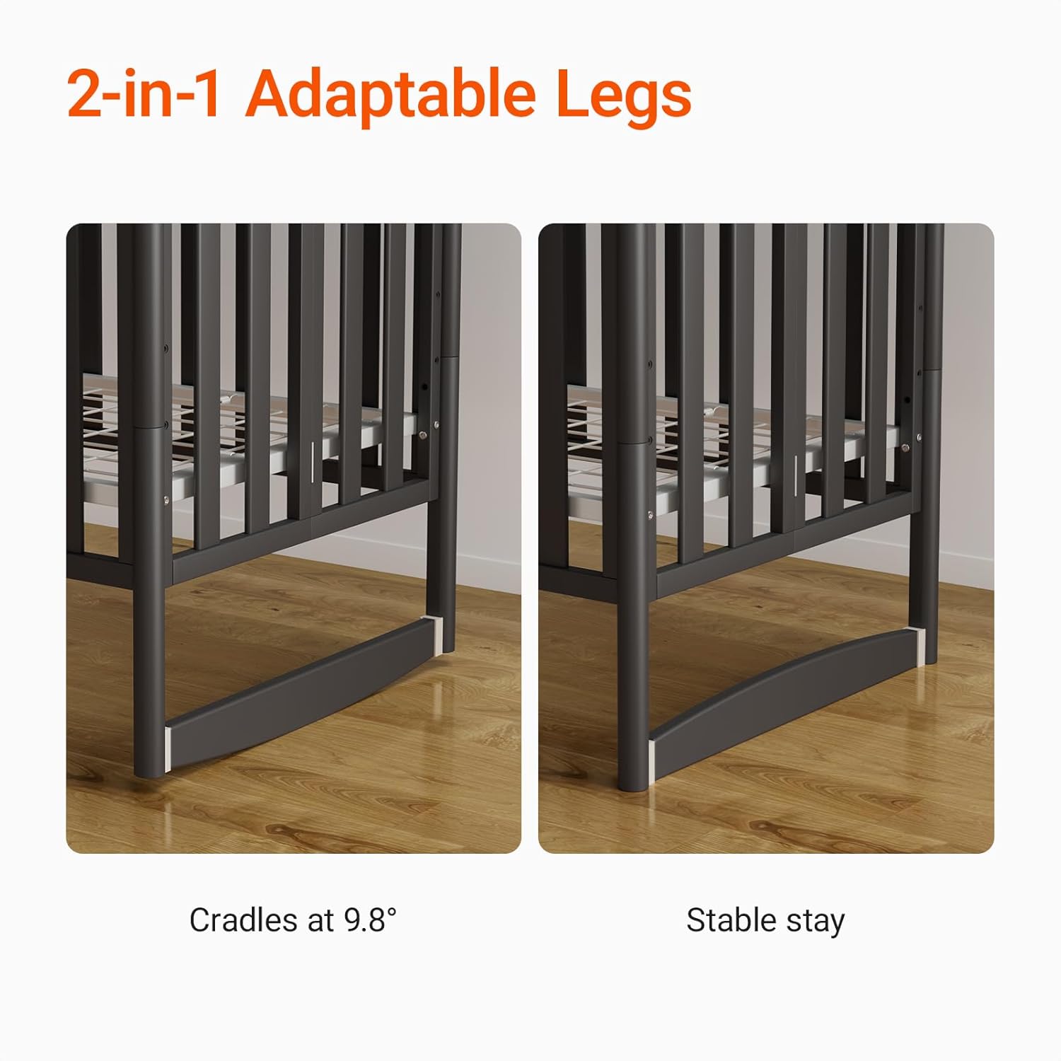 Two images side-by-side showing the EvoNook Mini Crib's adaptable legs: one set up for 'Cradles at 9.8°' (rocking) and the other for 'Stable stay' (stationary).