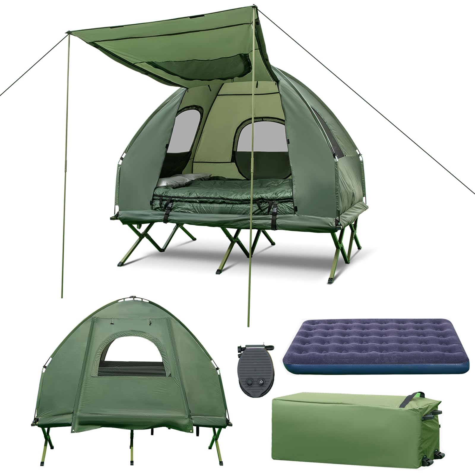 SOARS Tenda da Campeggio 5 in 1, con Brandina Letto da Camperggio Rialzato e Matterasso Gonfiabile Spesso, con Cuscino, Sacco a Pelo e Borsa, Facile da Trasportare, Professionale