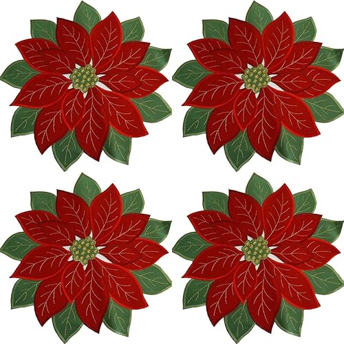 Camino de mesa de flores de Pascua bordadas de Navidad rojo y verde para decoración de mesa de Navidad en el hogar, cena, Navidad, 14 x 36 pulgadas