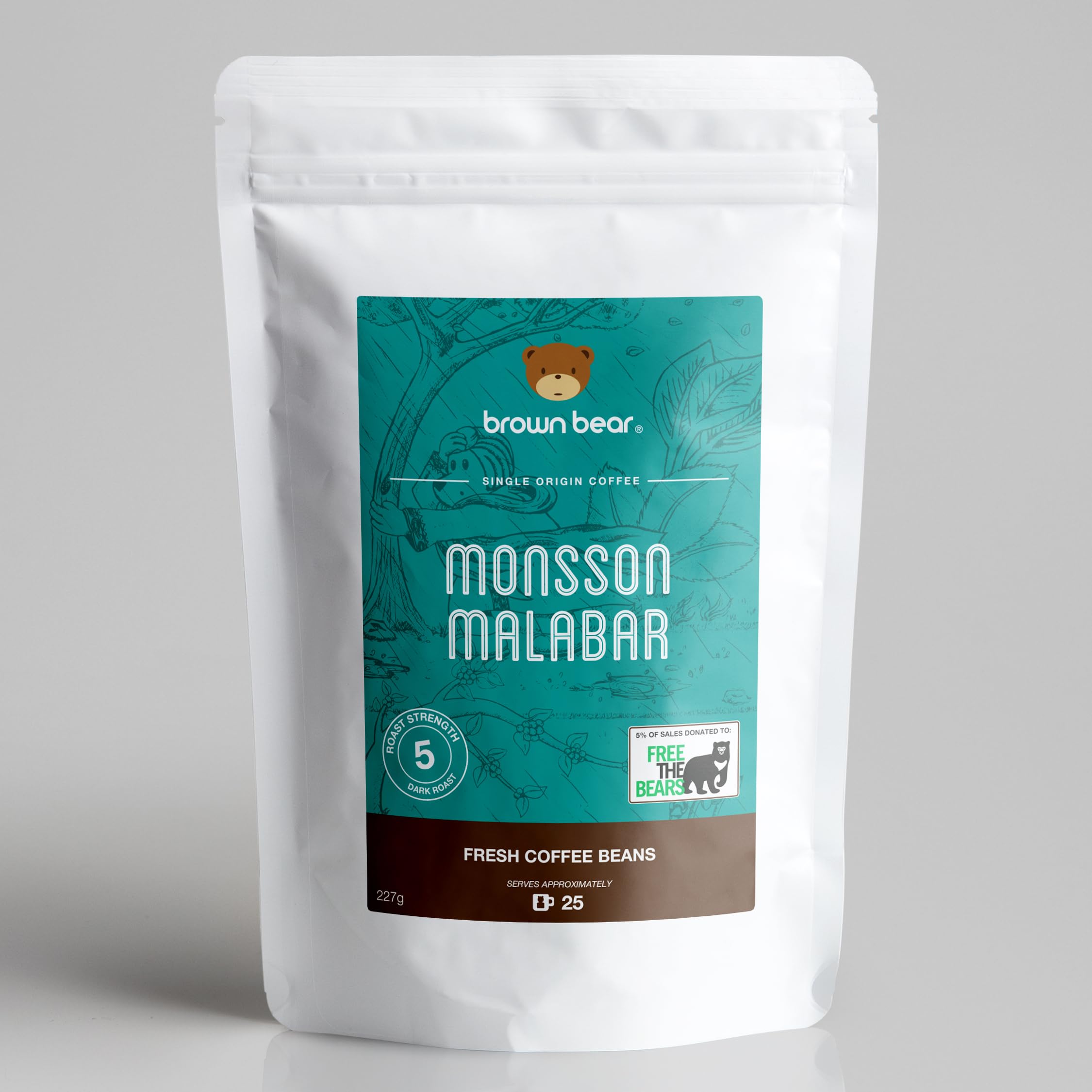 Indian Monsoon Malabar Strong Aged Coffee Beans 227g - Dark Roast - Strength 5 - Brown Bear India Coffee - For All Machines - Donation to Free The Bears