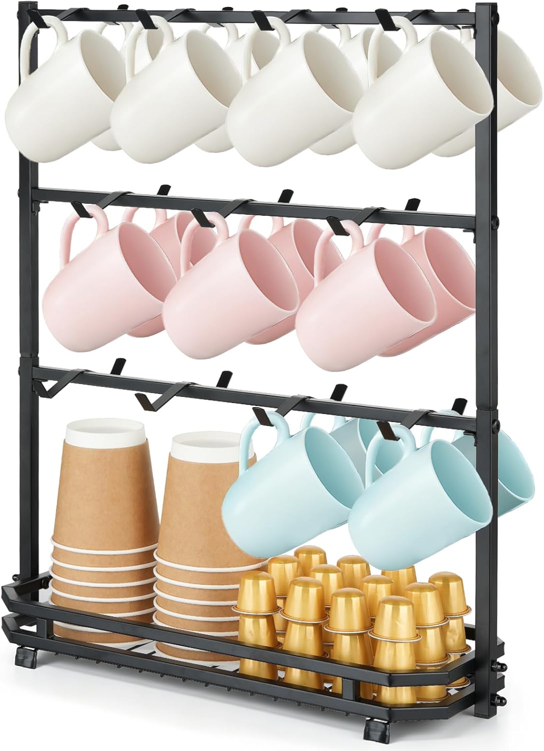 Coffee Mug Holder for Countertop, 22 Hooks 3 Tier Mug Tree Holder Rack, Metal Coffee Cup Holder with Storage Base for K-Cups, Tea Bags & Paper Cups - Black