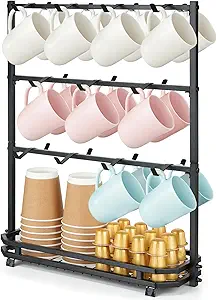 Coffee Mug Holder for Countertop, 22 Hooks 3 Tier Mug Tree Holder Rack, Metal Coffee Cup Holder with Storage Base for K-Cups, Tea Bags & Paper Cups - Black