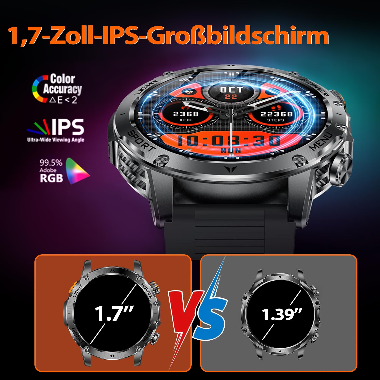 Montre Connectée Homme 1000mAh/LED Lampe, 1.7" HD Écran Smartwatch Homme avec Appel Bluetooth, Trackers D'activité 100+ Modes Sportifs, 24H Sommeil, IP68 Étanche, Podomètre Militaire Android iOS Noir
