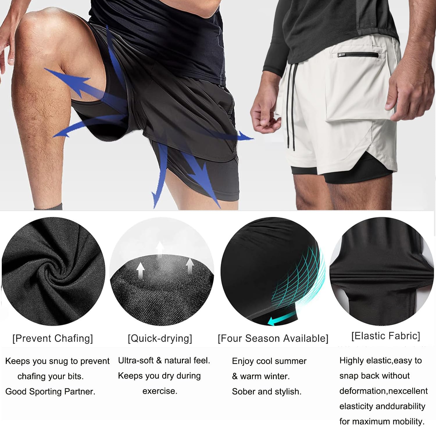 Pantalón Corto 2 en 1 Hombre Running Bolsillo Teléfono Secado Rápido Malla Cordón