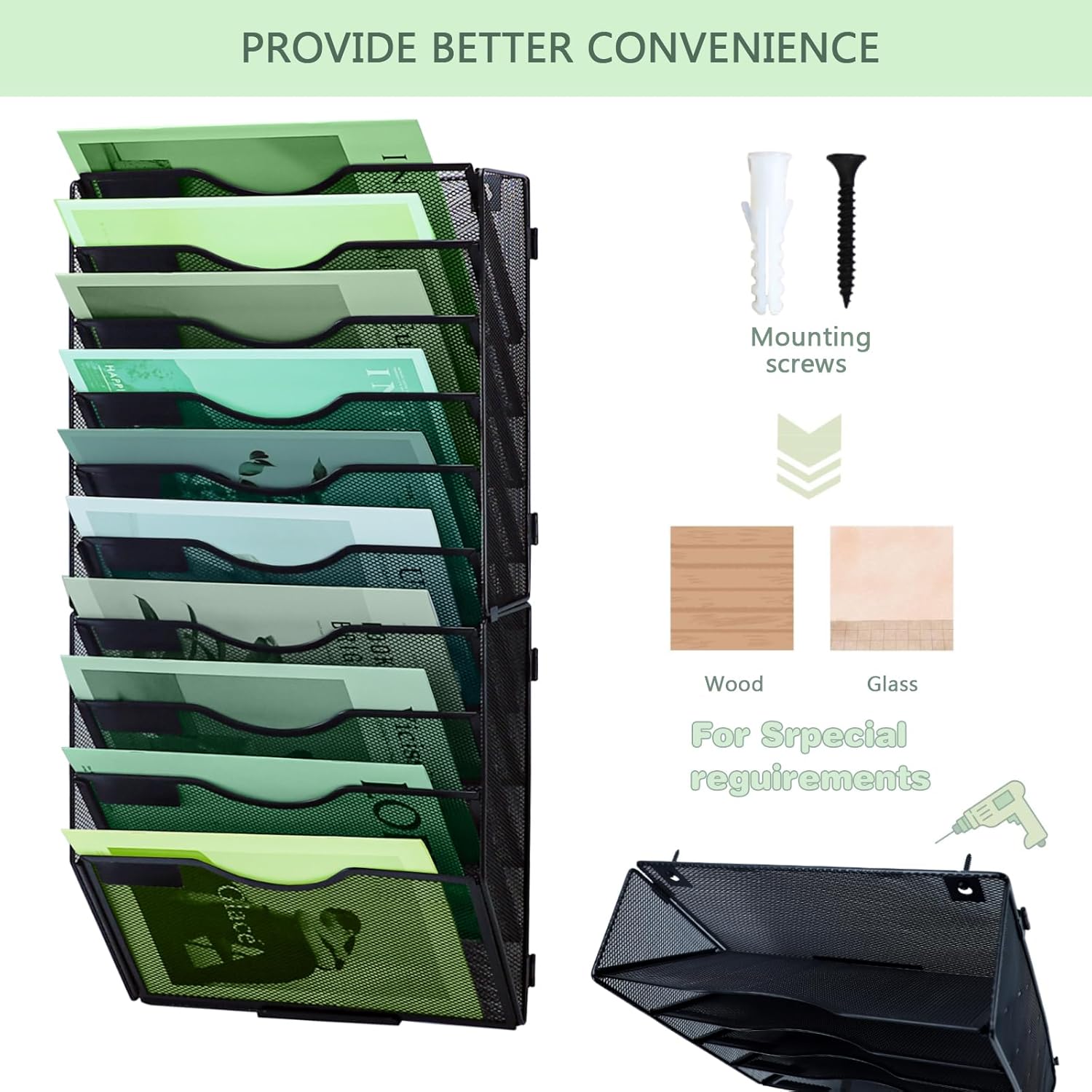 10段メッシュハンギングファイルオーガナイザー 垂直壁ファイルオーガナイザー 壁ファイルホルダー オフィス 学校 自宅用 ブラック