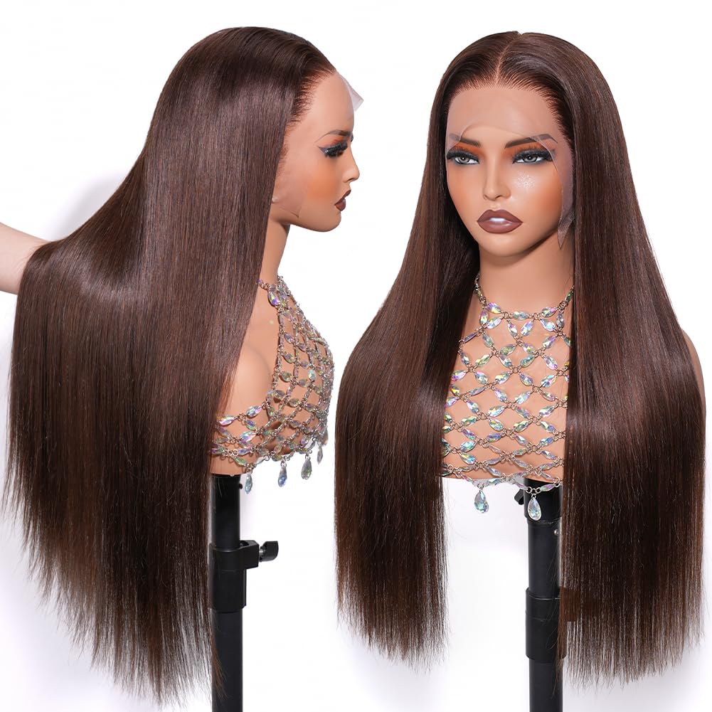 Hermosa Pelucas de cabello humano con encaje frontal marrón de 13 x 4 pulgadas, con abuelitos, densidad 180, pelucas de cabello humano lacio HD con encaje frontal, línea capilar prearrancada, peluca