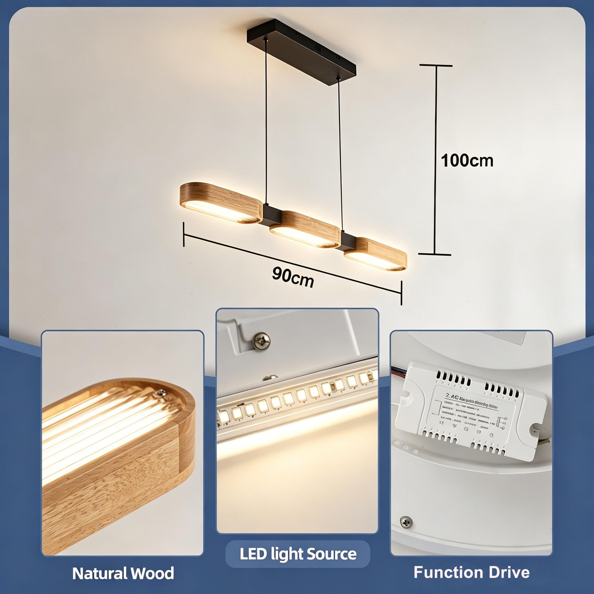 LED Pendelleuchte Holz für Esstisch, Esszimmerlampe 3-Flammig Dimmbar mit Fernbedienung, Moderne Hängeleuchte für Küche, Esszimmer & Wohnzimmer, 25W 2500lm, 3000–6500K, Timer & Memory Funktion