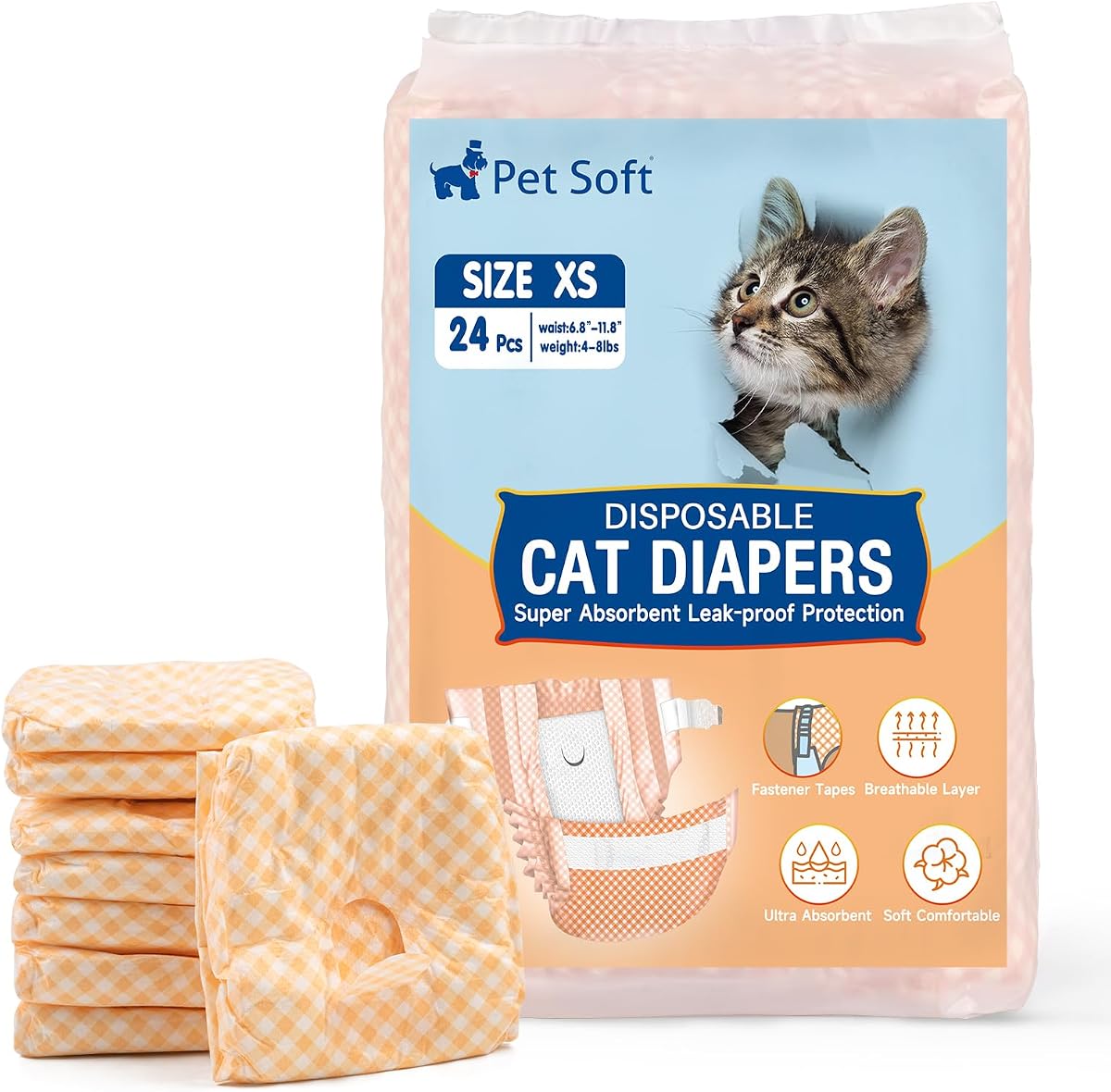 Pañales desechables para gatos – Pañales para perros hembras para gatos y perros en período de calor o incontinencia urinaria, pañales para perros ultra absorbentes a prueba de fugas, 24 unidades (naranja, XS)