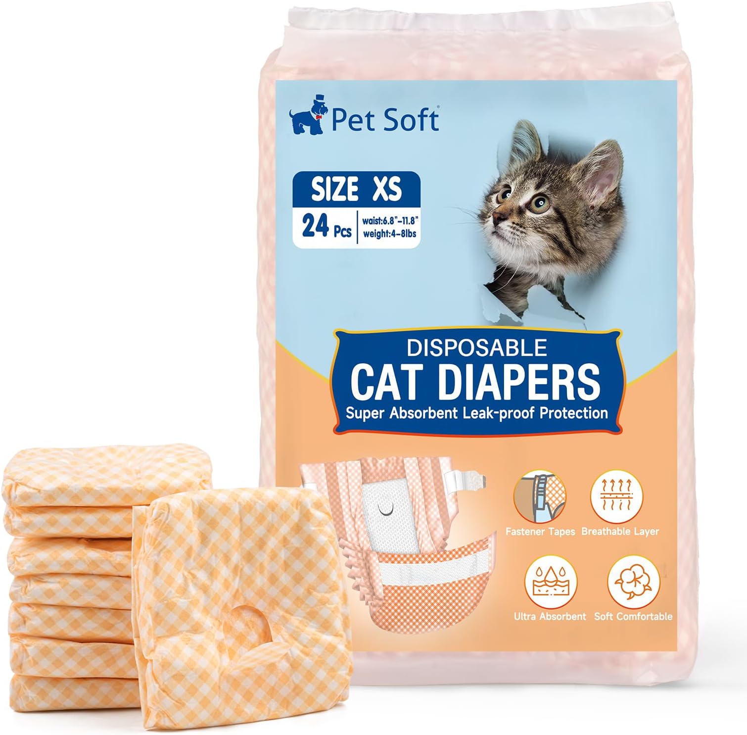 Pet Soft Disposable Cat Diapers - Female Dog Diapers for Cats & Dogs in Heat Period or Urine Incontinence, Doggie Diapers Ultra Absorbent Leak-Proof Puppy Diapers 24pcs (Orange, XS)
