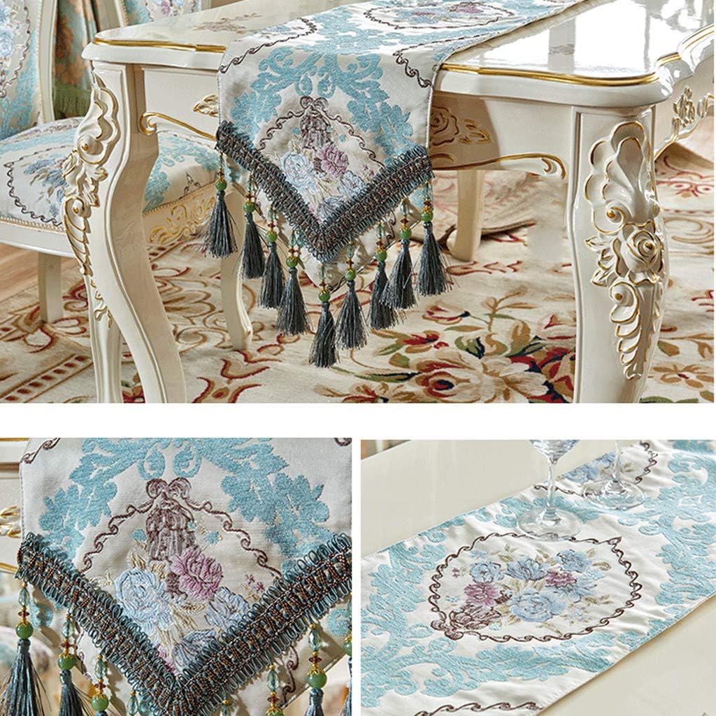 Beaded Tassel Table Runner Light Blue Green Farmhouse, Heavy Duty Table Runners for Table TV Cabinet Shoe Bed,torquoise placemats for Holiday Party Dinner Table Decoration-32×240cm
