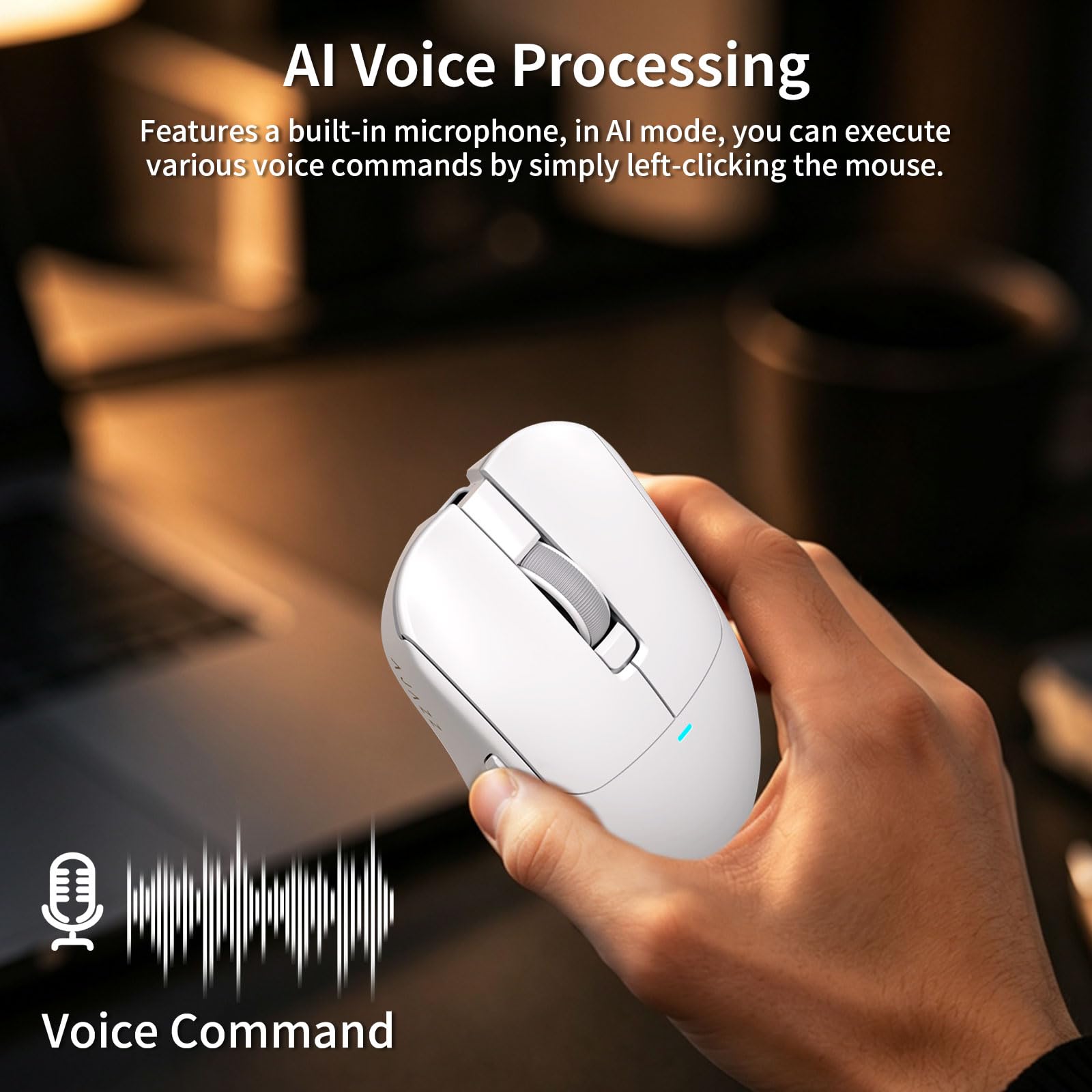 A.JAZZ AJ200P Mouse da Gioco Wireless con Prompt AI & Base di Ricarica RGB | Tri-Mode BT/2.4G/Cablato Leggero con Digitazione Vocale AI, Sensore PAW3311, 24K DPI, 1000Hz per Ufficio/Gaming - Bianco