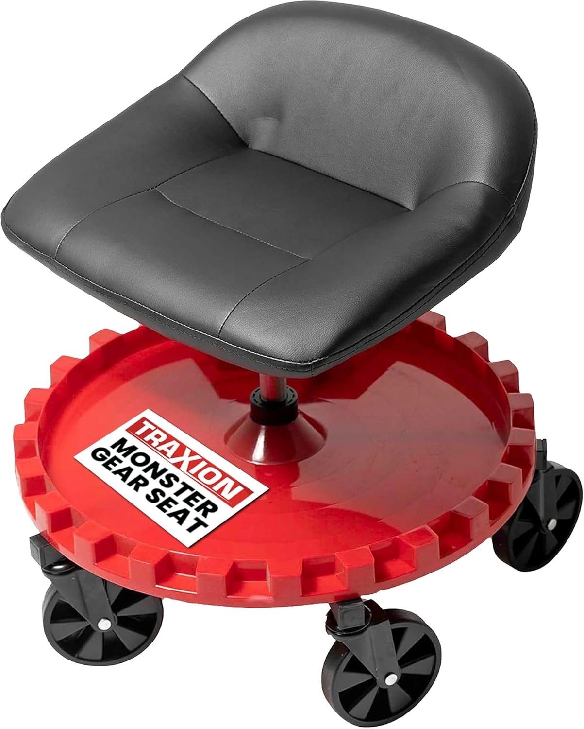 Traxion 2-230 Monster Rolling Padded Mechanic Stool Seat Garage Shop Roller Work Chair with Wheels and Tool Tray, Heavy-Duty 400-lb Capacity, All-Terrain 5" Casters, Black Red