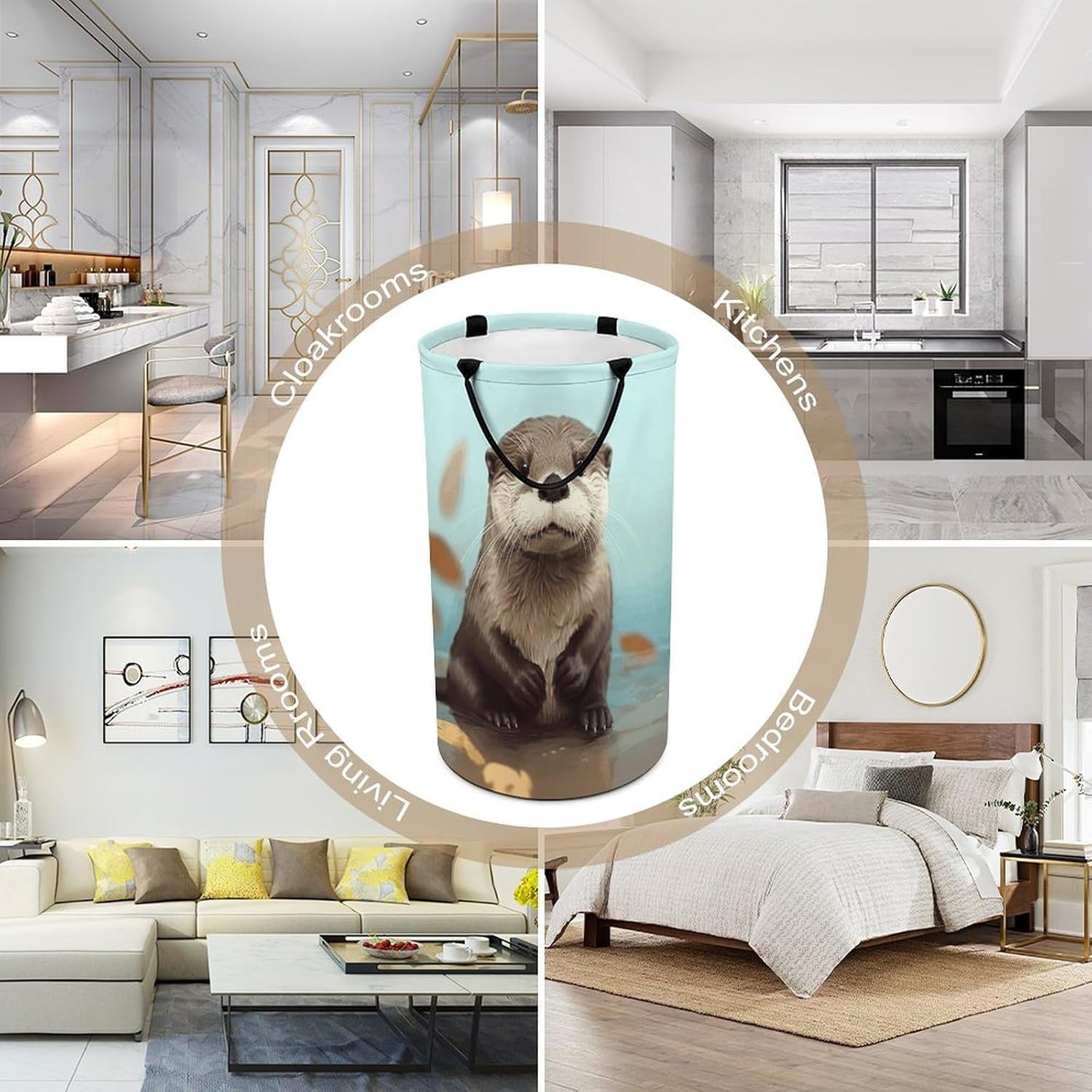 Cute Otter Laundry Hamper with Handles Waterproof Collapsible Laundry Basket Large Lightweight Round Dirty Clothes Hamper for Home Dorm Bathroom Decor