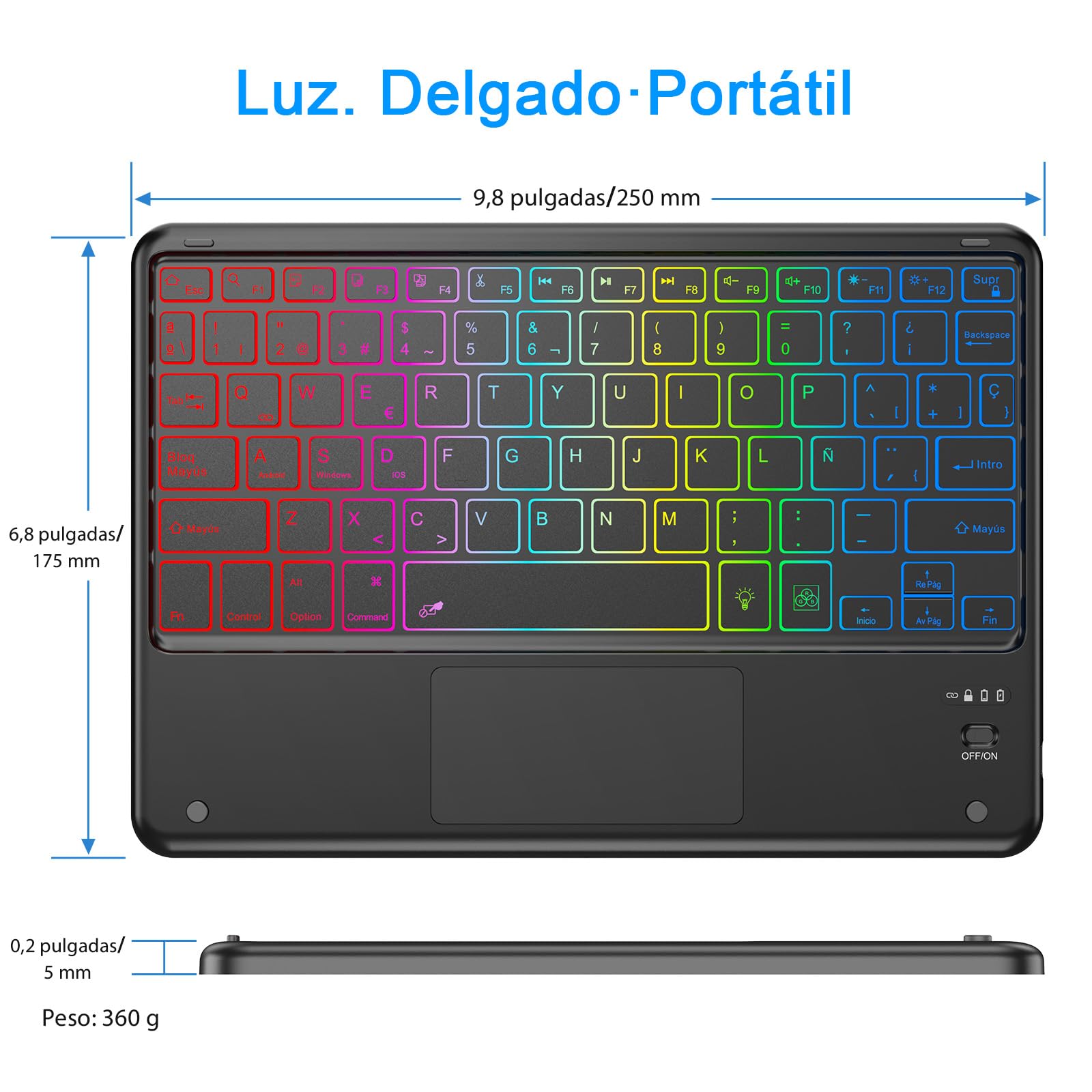 KBCASE Teclado con TouchPad, Teclado Bluetooth Inalámbrico Español para Tablet iPad/iOS/Android/Windows/iPad Pro/iPad Air/iPad Mini, Samsung, Lenovo, Huawei, iPhone y Retroiluminación de 7 Colores